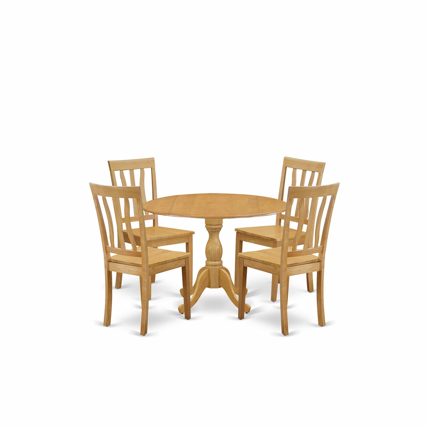 El juego de mesa de comedor de 5 piezas East West Furniture DMAN5-OAK-W incluye una mesa de cocina redonda con alas abatibles y 4 sillas de comedor.