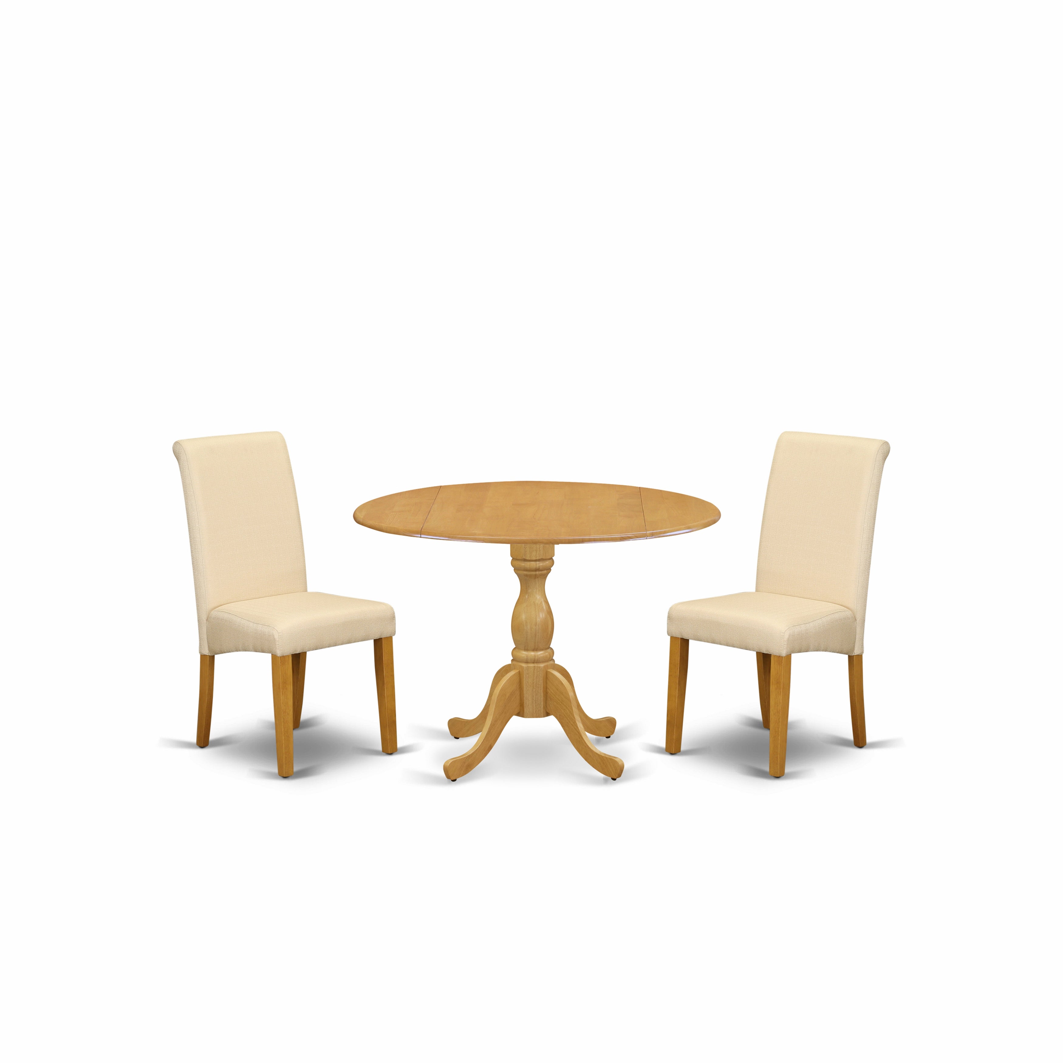 East West Furniture DMBA3-OAK-02 3 Piece Dining Table Set - Oak Modern Dining Table and 2 Light Beige Linen Fabric Dining Room Chairs with High Back - Oak Finish