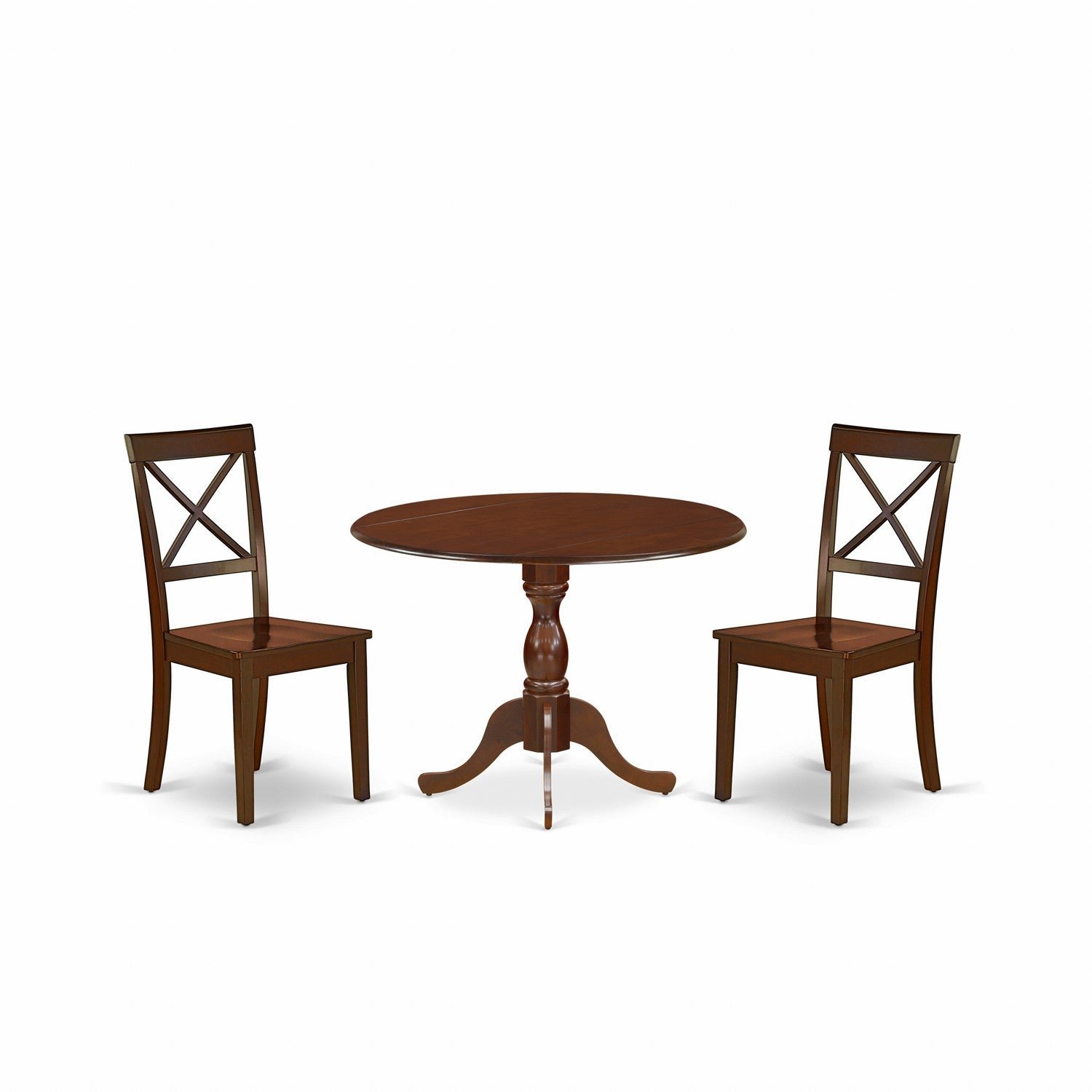 East West Furniture DMBO3-MAH-W 3 Piece Wooden Dining Table Set Contains 1 Drop Leaves Dining Table and 2 Mahogany Wooden Chair with X-Back - Mahogany Finish