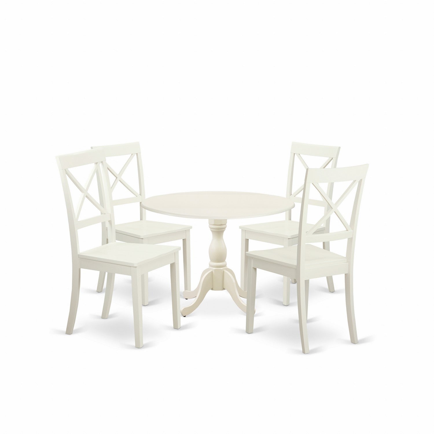 Juego de mesa de comedor moderna de 5 piezas DMBO5-LWH-W de East West Furniture. Incluye una mesa redonda de madera con alas abatibles y 4 sillas de comedor.