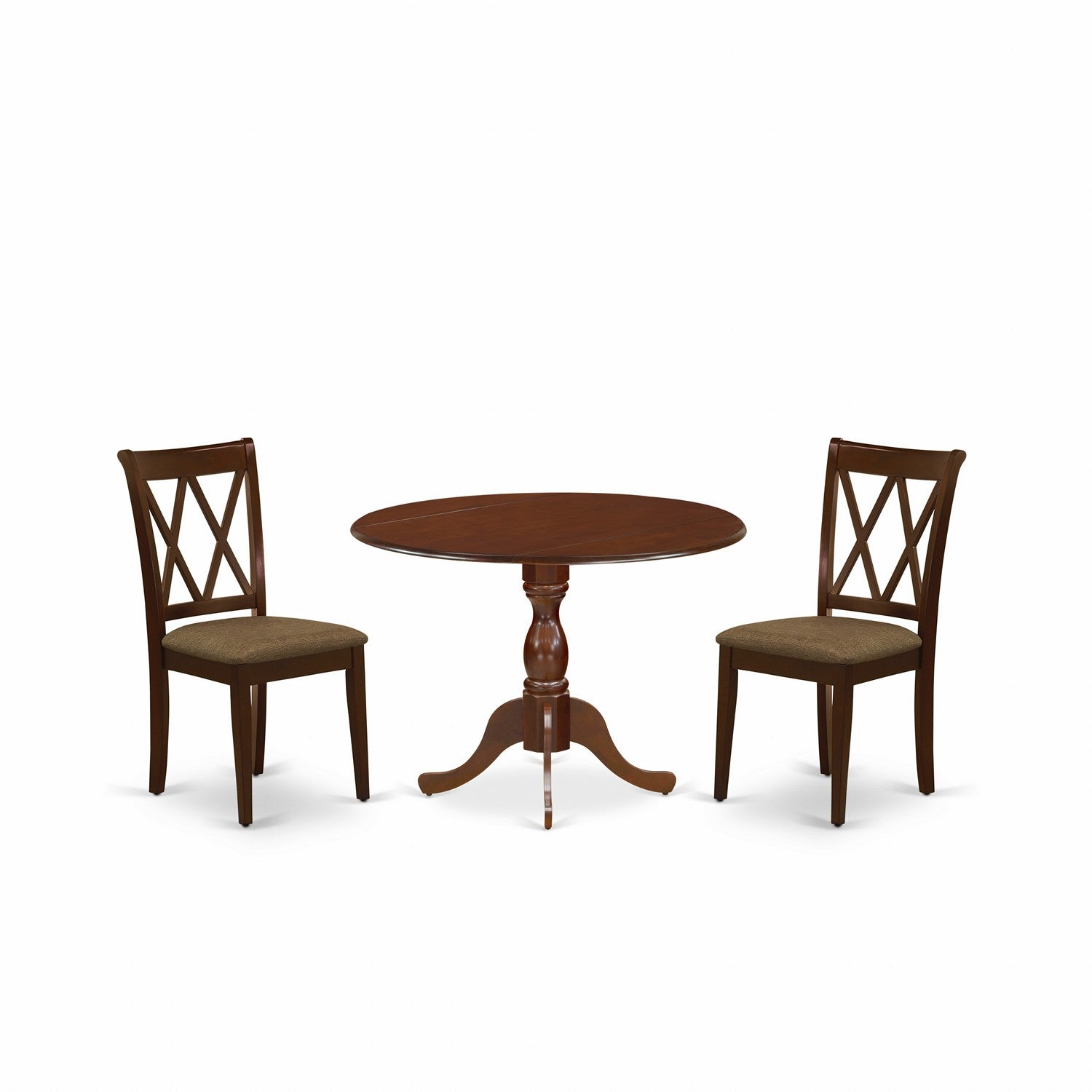 Juego de mesa de comedor de 3 piezas DMCL3-MAH-C de East West Furniture para espacios pequeños. Incluye una mesa de comedor redonda con alas abatibles y dos sillas tapizadas en tela de lino.