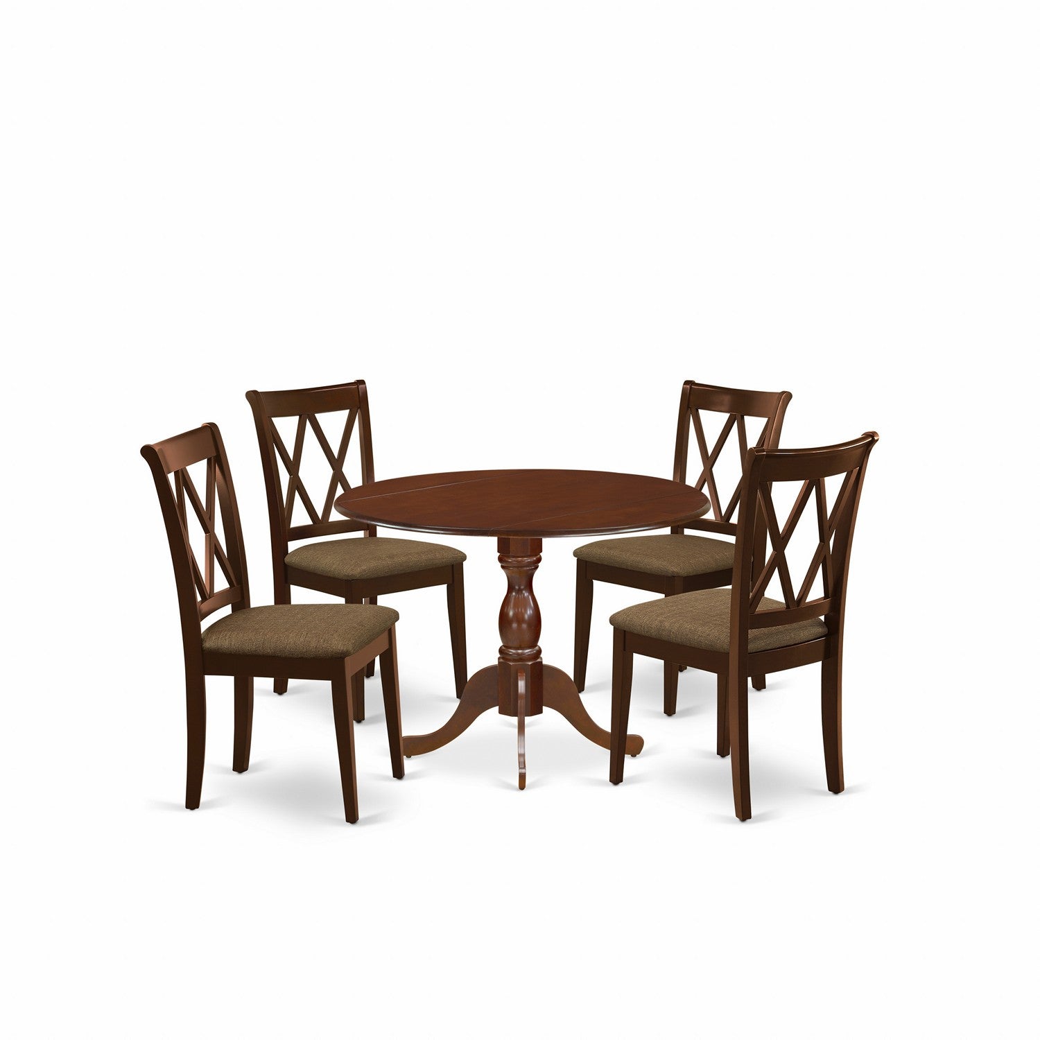 Juego de mesa de cocina de 5 piezas DMCL5-MAH-C de East West Furniture para 4 personas. Incluye una mesa de comedor redonda con alas abatibles y 4 sillas de comedor de tela de lino.