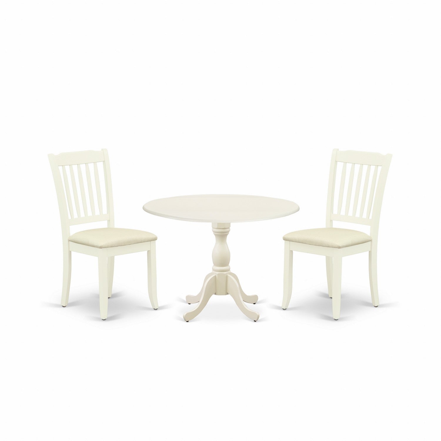 Juego de mesa y sillas de cocina de 3 piezas DMDA3-LWH-C de East West Furniture. Incluye una mesa de comedor redonda con alas abatibles y 2 sillas de comedor de tela de lino.