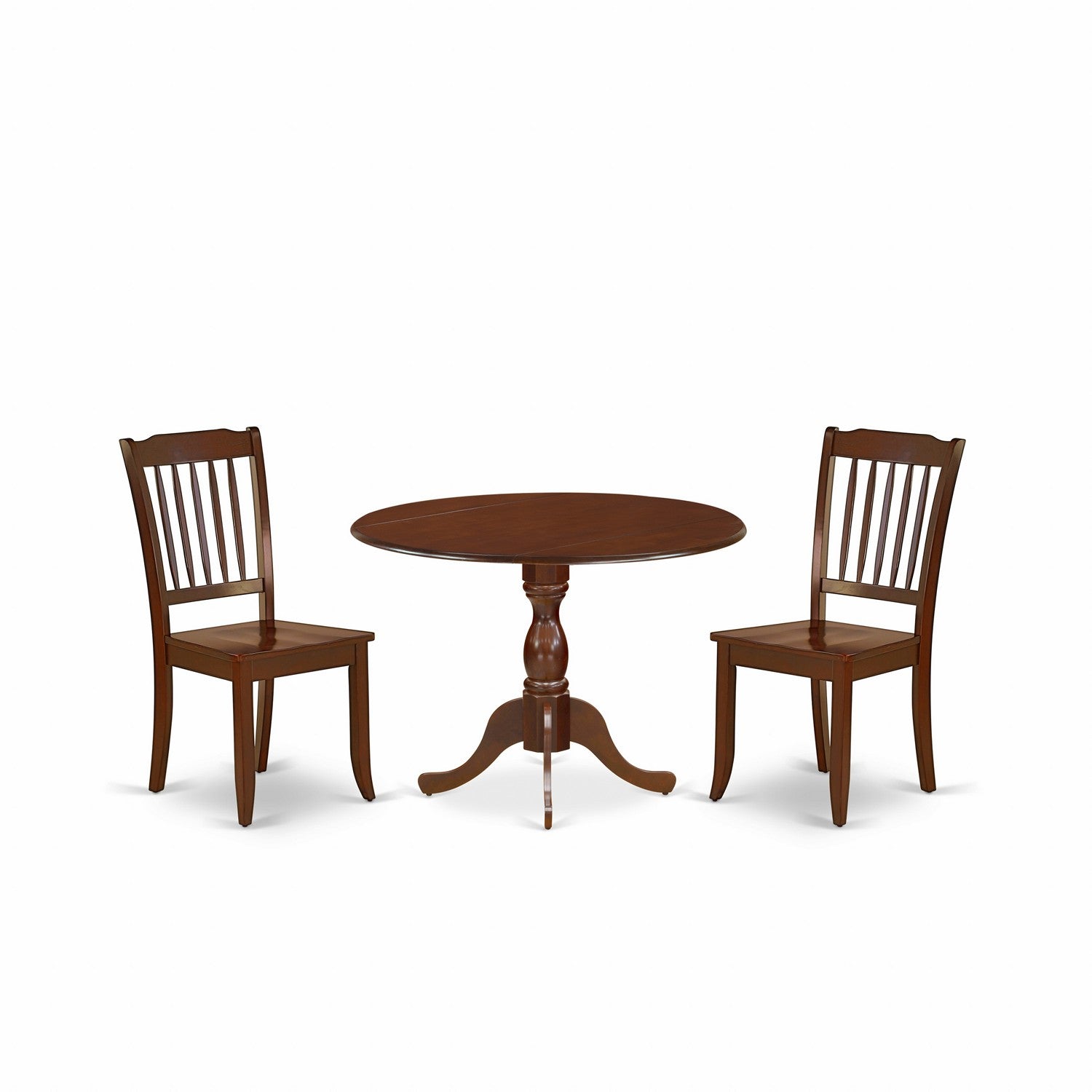 Juego de mesa y sillas de cocina de 3 piezas DMDA3-MAH-W de East West Furniture. Incluye una mesa de comedor redonda con alas abatibles y 2 sillas con asiento de madera maciza.
