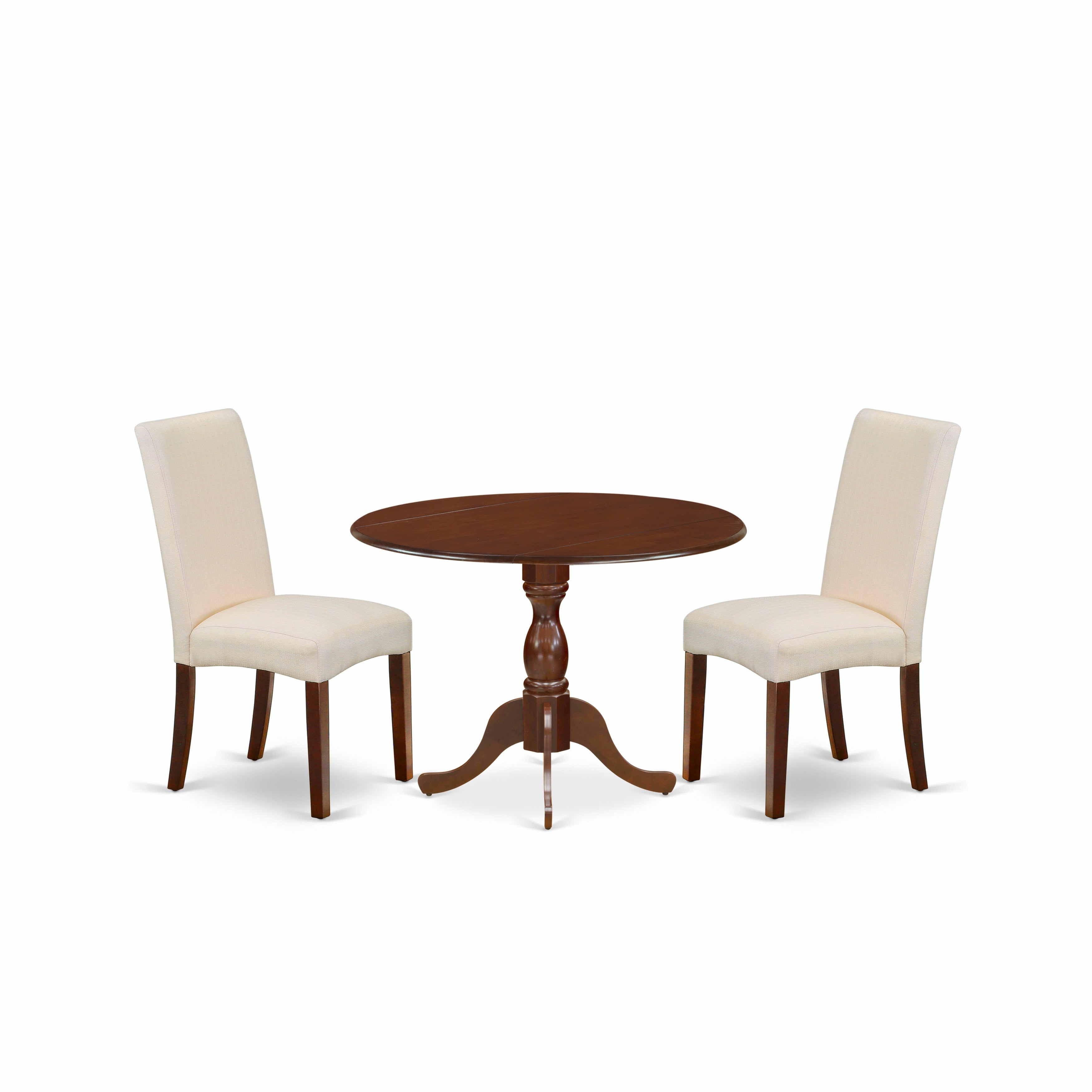 East West Furniture DMDR3-MAH-01 3 Piece Wooden Dining Table Set Includes 1 Drop Leaves Dining Table and 2 Cream Linen Fabric Upholstered Dining Chairs with High Back - Mahogany Finish