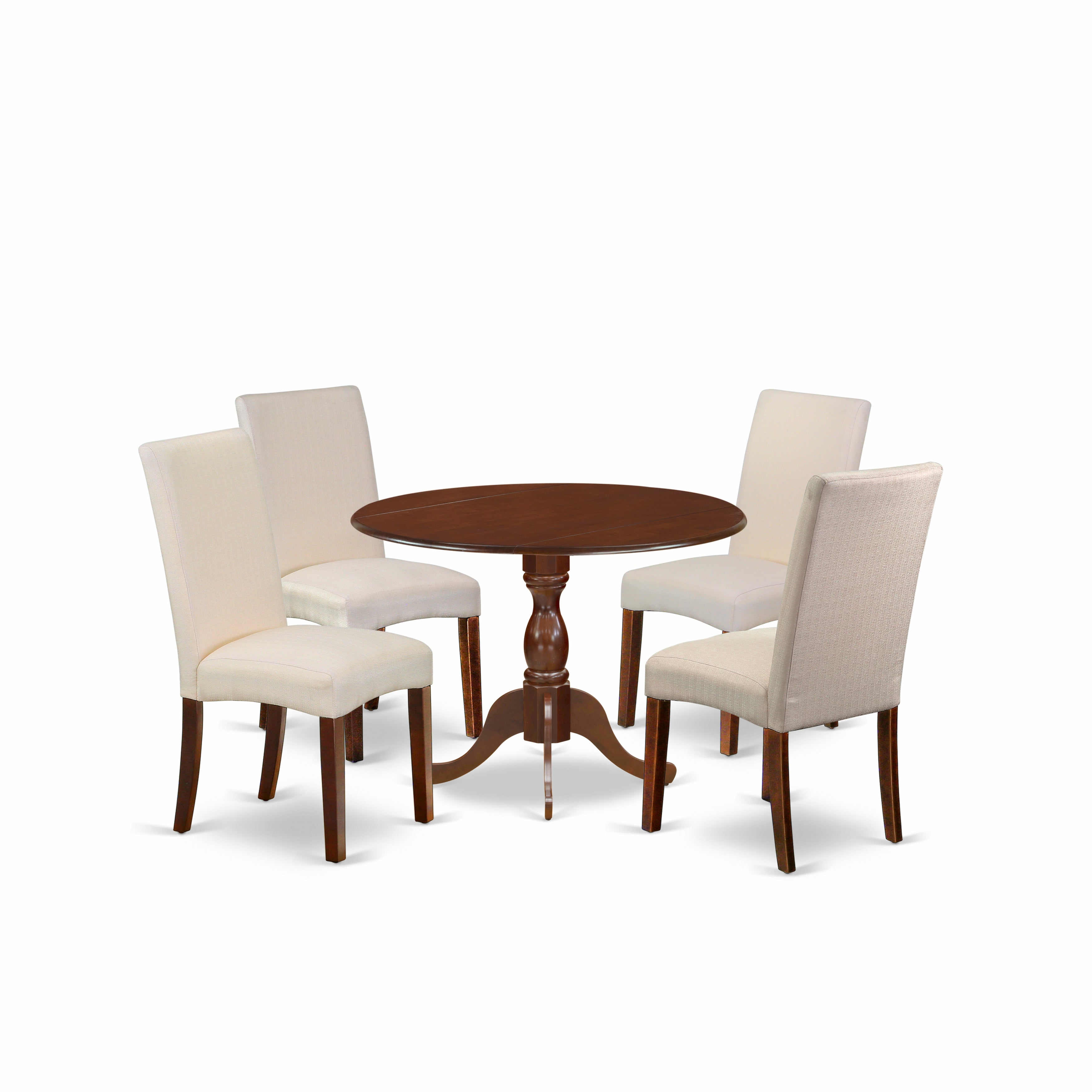 Juego de mesa de comedor moderna de 5 piezas DMDR5-MAH-01 de East West Furniture. Incluye una mesa redonda de madera con alas abatibles y 4 sillas de comedor Parson de tela de lino color crema.