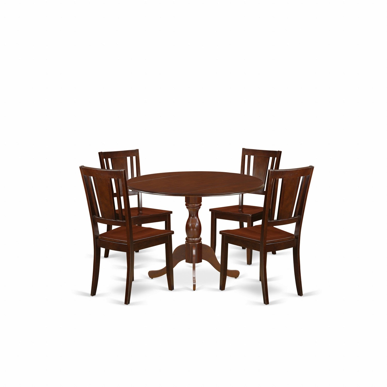 East West Furniture DMDU5-MAH-W 5 Piece DINETTE Set Includes 1 Drop Leaves Wooden Dining Table and 4 Mahogany Mid Century Modern Dining Chairs with Panel Back - Mahogany Finish