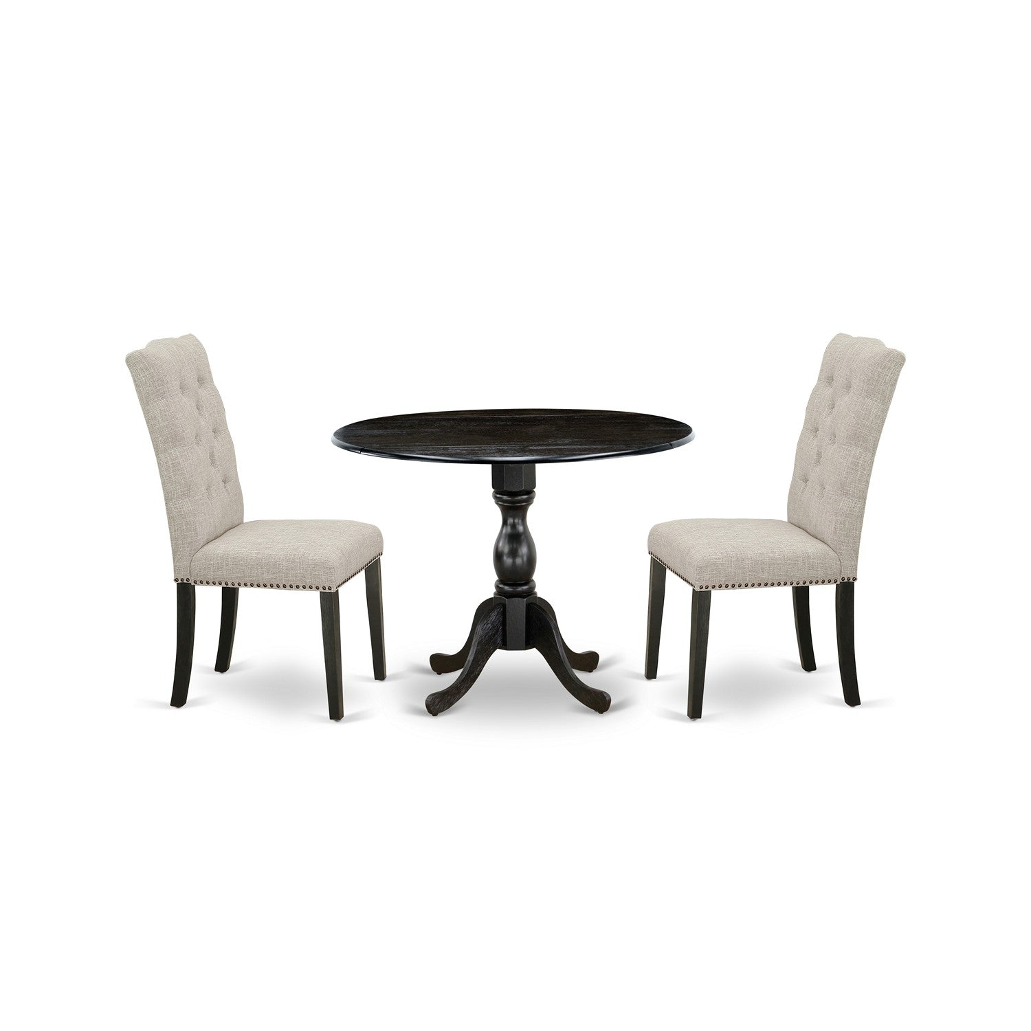 Juego de comedor de 3 piezas DMEL3-ABK-35 de East West Furniture para espacios pequeños. Contiene una mesa de comedor redonda con alas abatibles y dos sillas de comedor Parsons de tela de lino y piel de venado.