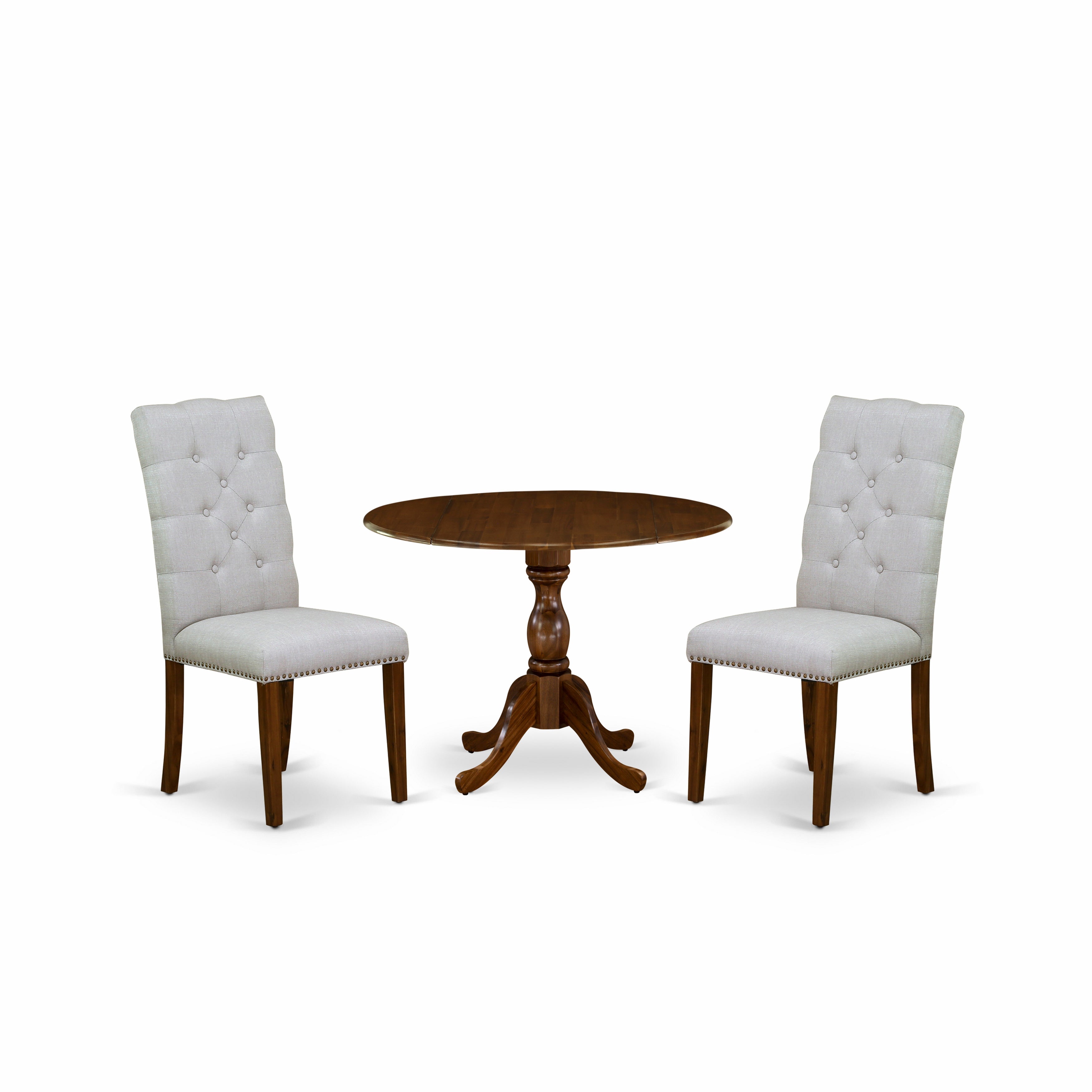 Juego de comedor de 3 piezas DMEL3-AWA-05 de East West Furniture para espacios pequeños. Contiene una mesa de comedor redonda con alas abatibles y 2 sillas tapizadas en tela de lino gris.