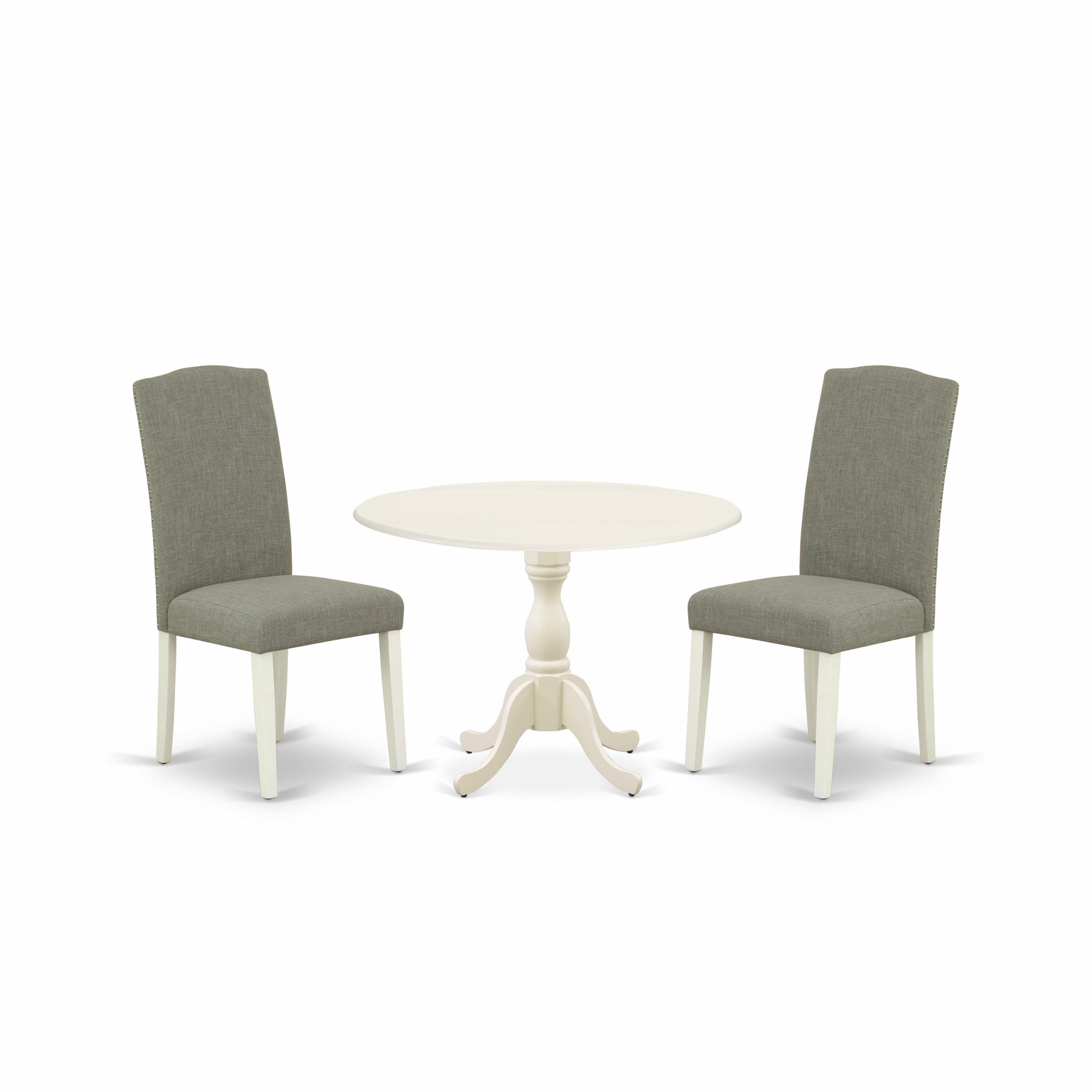 East West Furniture DMEN3-LWH-06 3 Piece DINETTE SET Contains 1 Drop Leaves Wooden Table and 2 Dark Shitake Linen Fabric Parsons Chair High Back with Nail Heads - linen white Finish