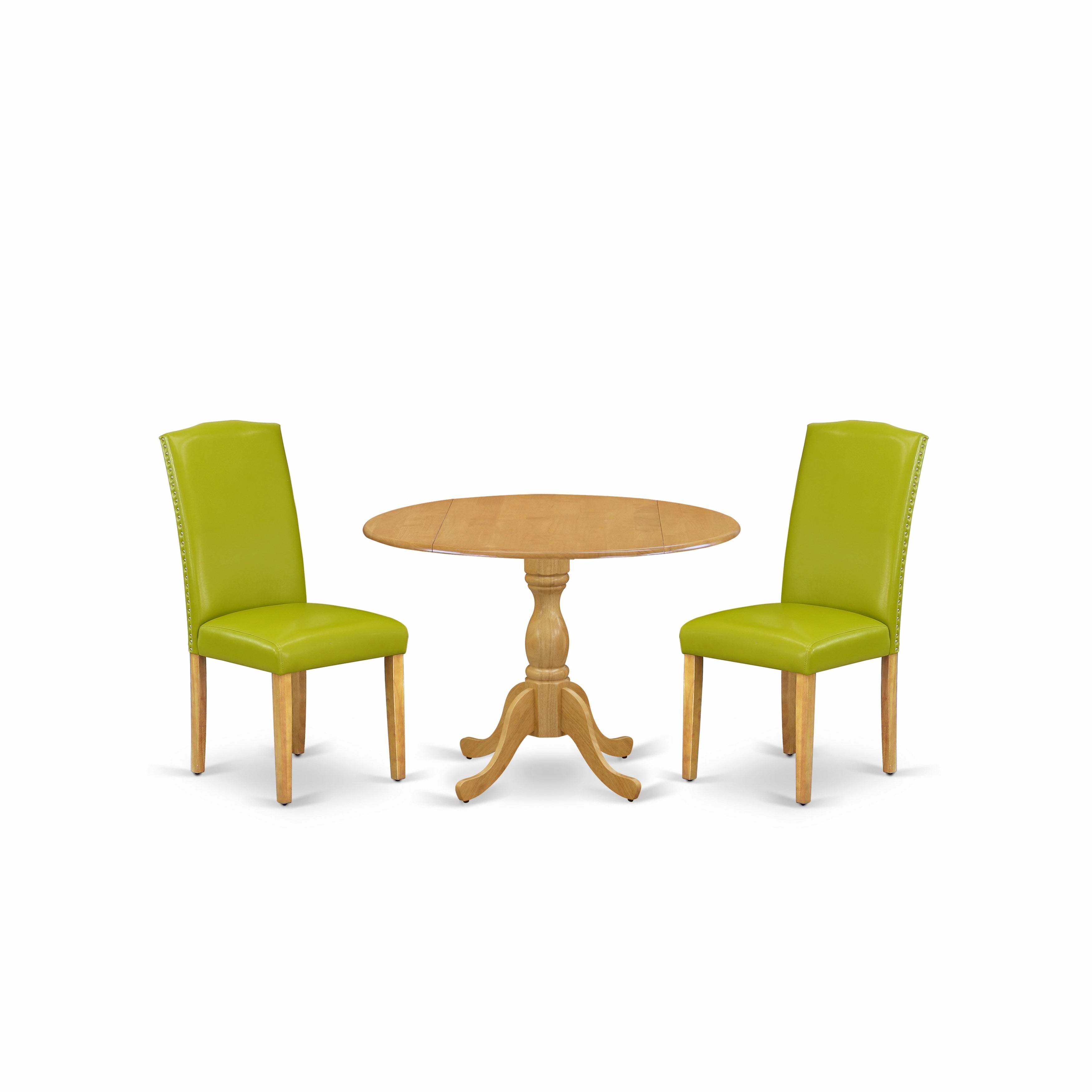 East West Furniture DMEN3-OAK-51 3 Piece Kitchen Table Set - Oak Breakfast Table and 2 Autumn Green PU faux Leather Chairs for Dining Room with High Back - Oak Finish