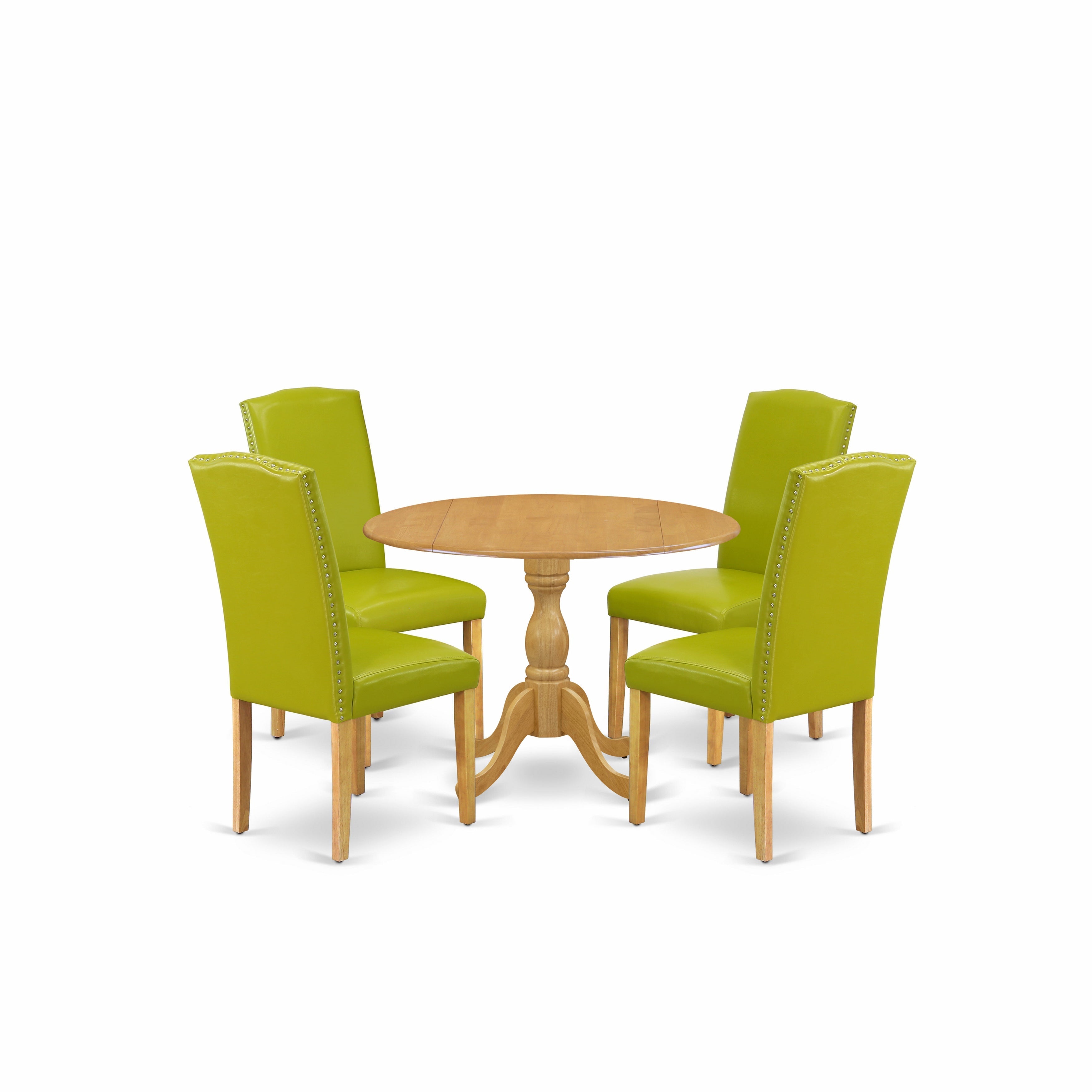 East West Furniture DMEN5-OAK-51 5 Piece Modern Dining Table Set - Oak Breakfast Table and 4 Autumn Green PU faux Leather Dining Chairs with High Back - Oak Finish
