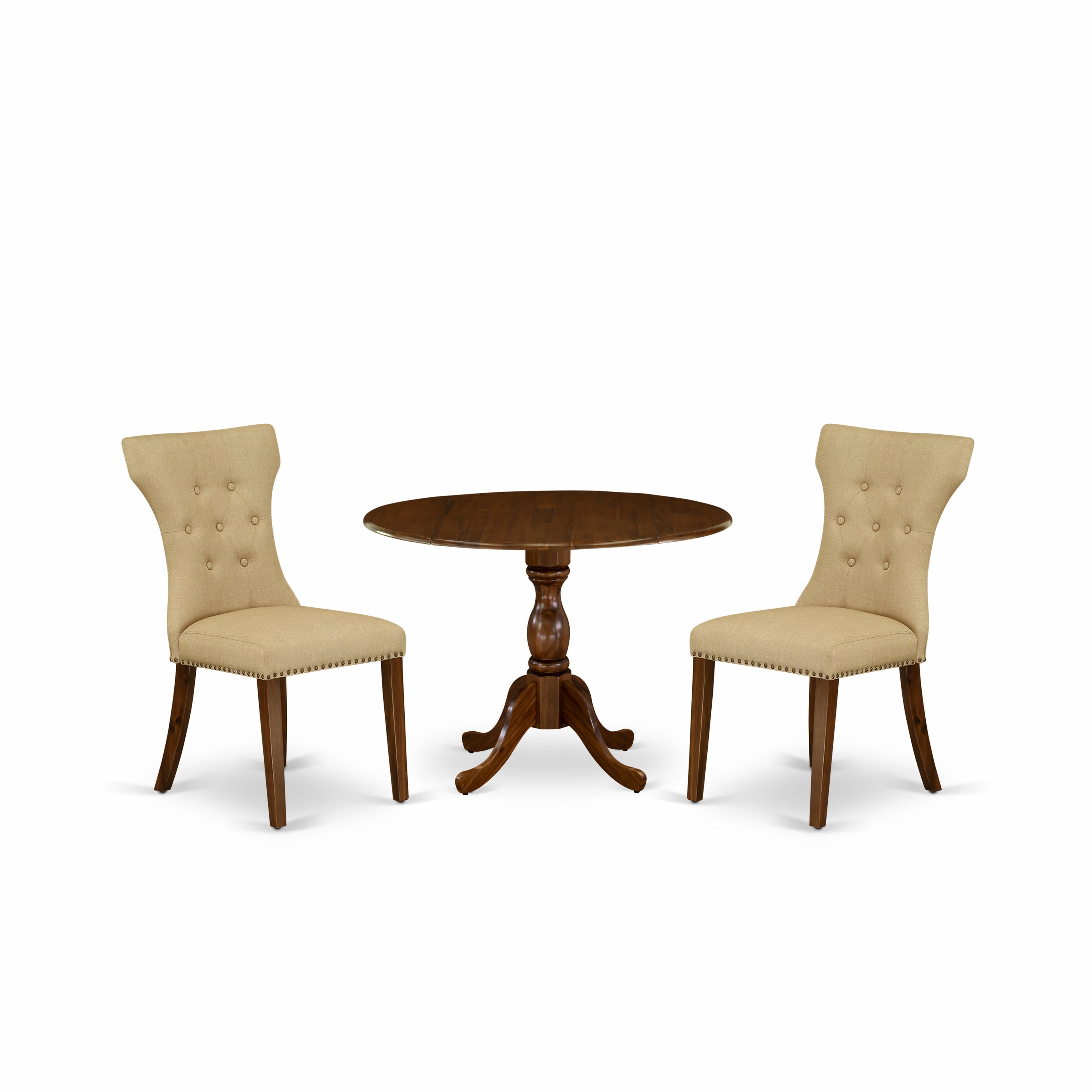 East West Furniture DMGA3-AWA-03 3 Piece Modern Dining Table Set Contains 1 Drop Leaves Dining Table and 2 Brown Linen Fabric Kitchen Chair Button Tufted Back with Nail Heads - Acacia Walnut Finish