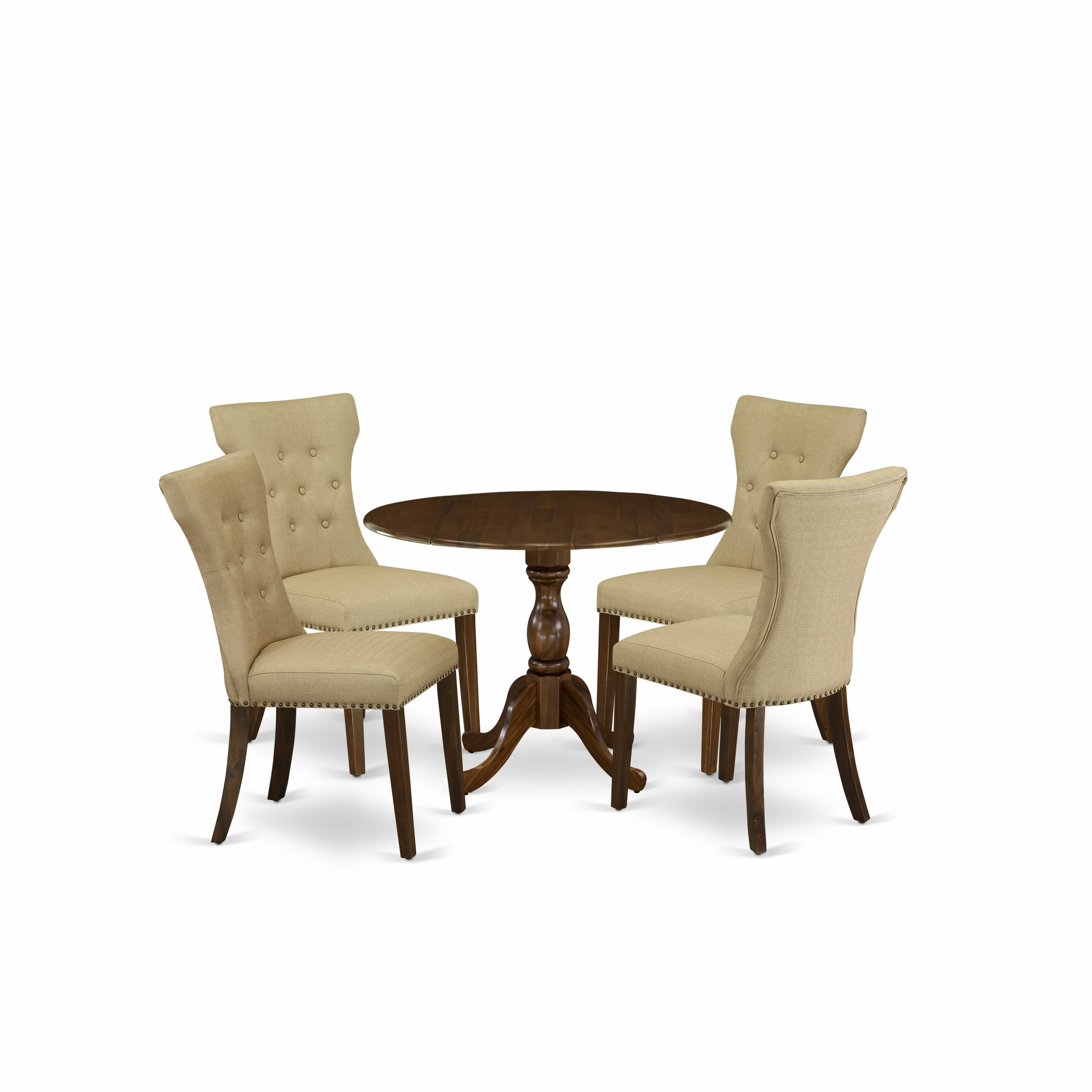 East West Furniture DMGA5-AWA-03 5 Piece Wood Dining Table Set Contains 1 Drop Leaves Dining Table and 4 Brown Linen Fabric Kitchen Chair Button Tufted Back with Nail Heads - Acacia Walnut Finish