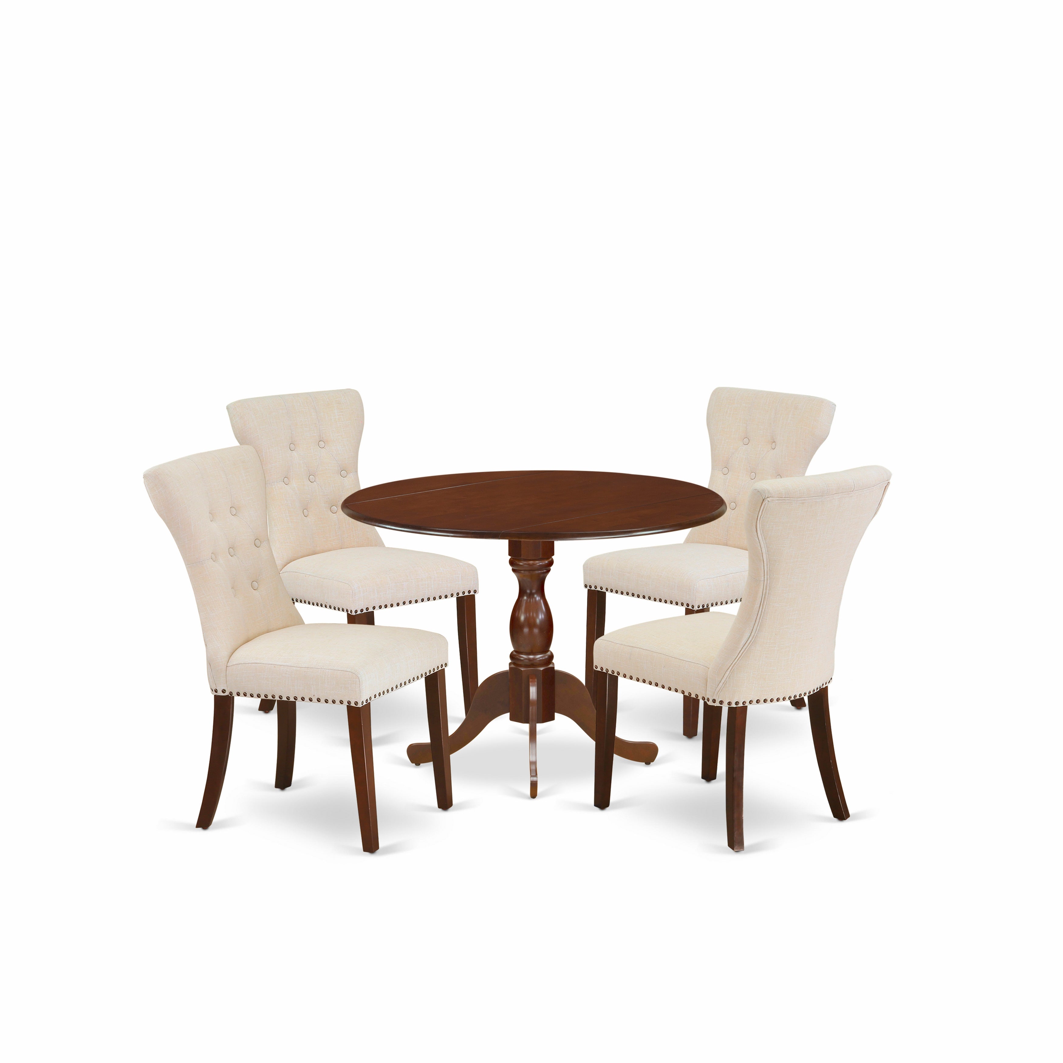 East West Furniture DMGA5-MAH-32 5 Piece Kitchen Table Set - Mahogany Small Kitchen Table and 4 Light Tan Linen Fabric Chairs for Dining Room Button Tufted Back with Nail Heads - Mahogany Finish