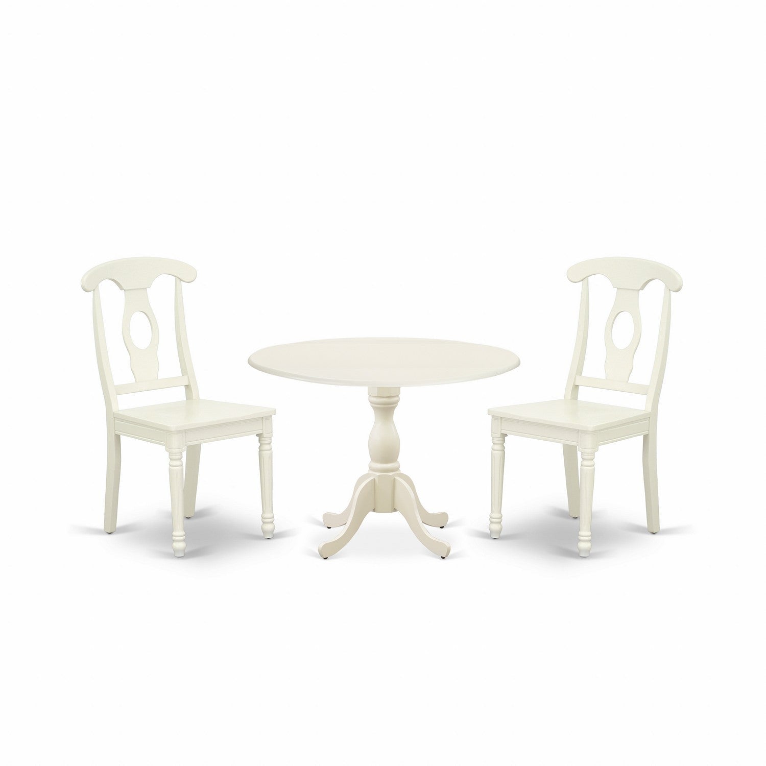 East West Furniture DMKE3-LWH-W 3 Piece Dinette Set Contains 1 Drop Leaves Wooden Dining Table and 2 linen white Mid Century Dining Chairs with Napoleon Back - linen white Finish