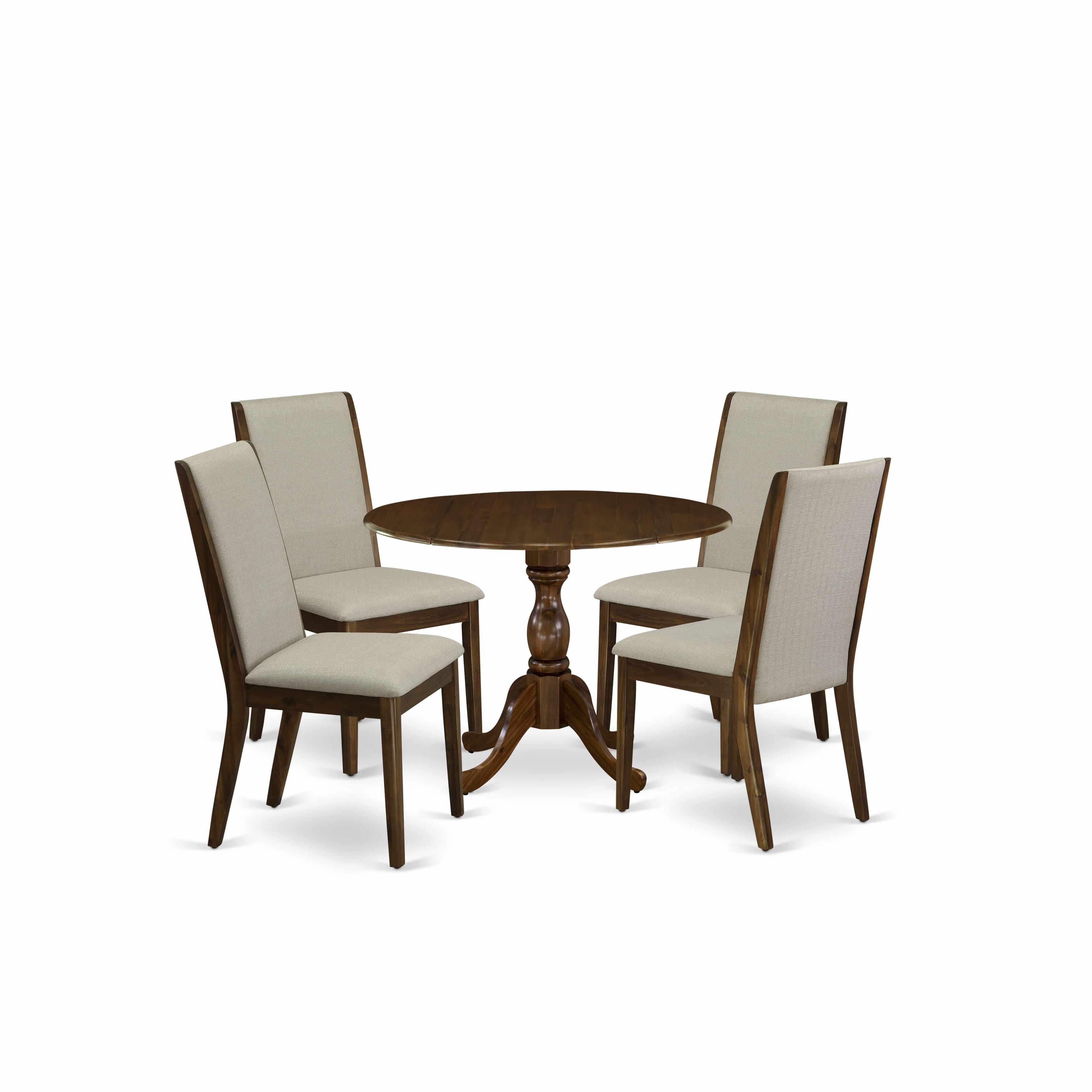 East West Furniture DMLA5-AWA-05 5 Piece Modern Dining Table Set Includes 1 Drop Leaves Dining Table and 4 Grey Linen Fabric Parsons Chair with High Back - Acacia Walnut Finish