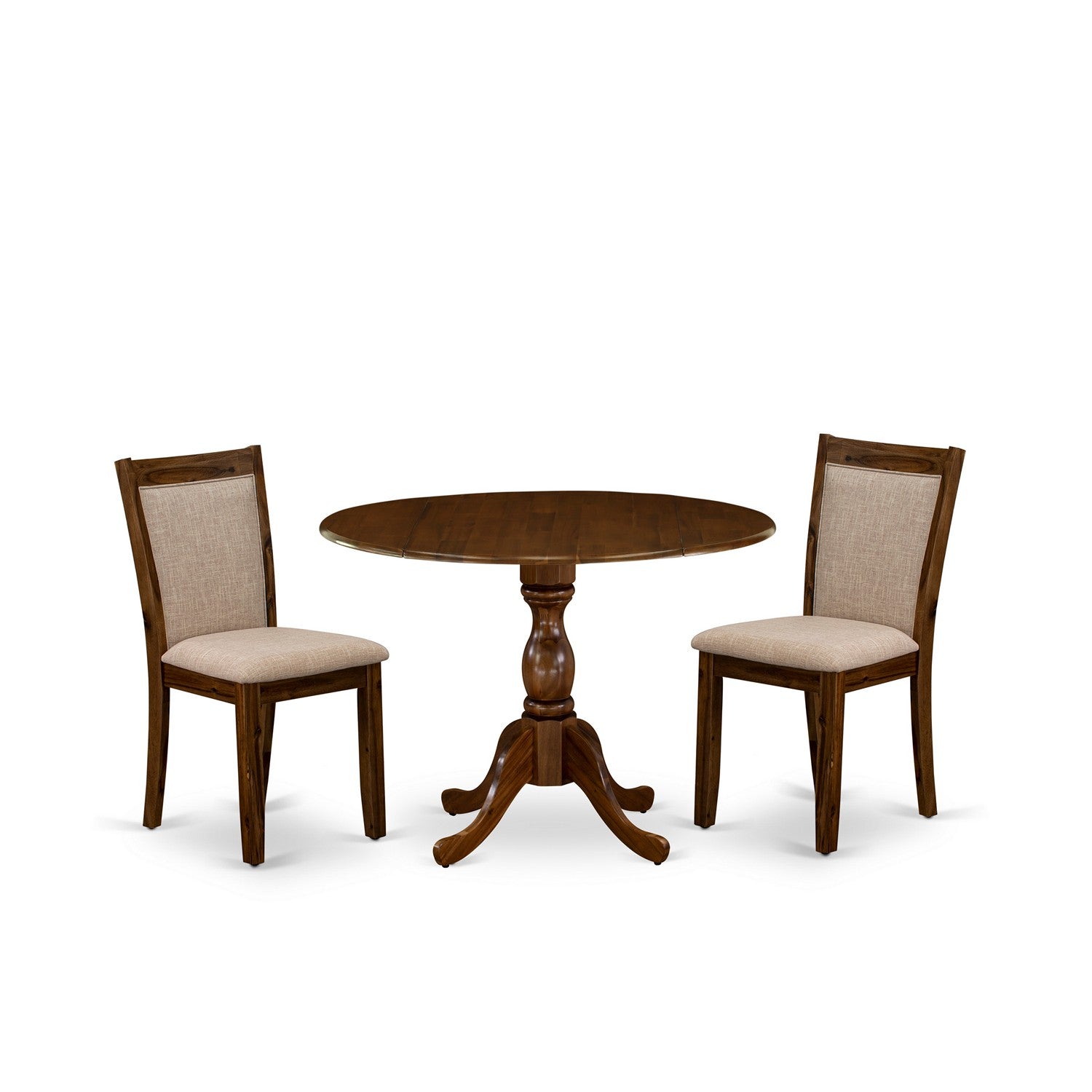 East West Furniture DMMZ3-AWN-04 3-Piece Dining Room Set Includes a Wood Table with Drop Leaves and 2 Light Tan Linen Fabric Upholstered Chairs - Sand Blasting Antique Walnut Finish