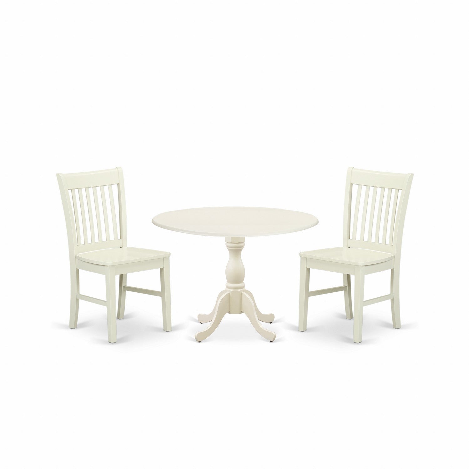East West Furniture DMNF3-LWH-W 3 Piece Dining Table Set Consists of 1 Drop Leaves Dining Room Table and 2 linen white Mid Century Chair with Slatted Back - linen white Finish