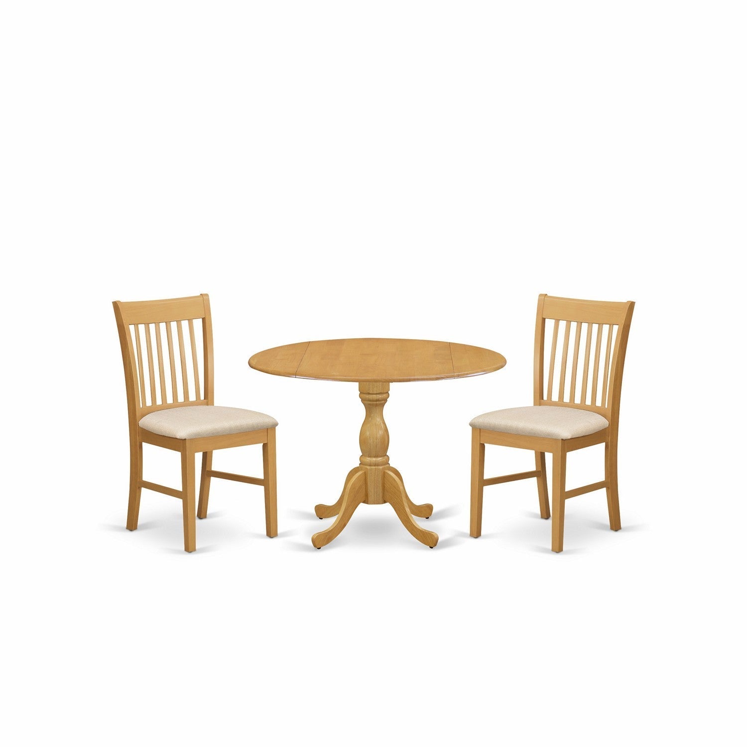 East West Furniture DMNF3-OAK-C 3 Piece Dining Room Table Set - Oak Wood Dining Table and 2 Oak Linen Fabric Kitchen Chairs with Slatted Back - Oak Finish