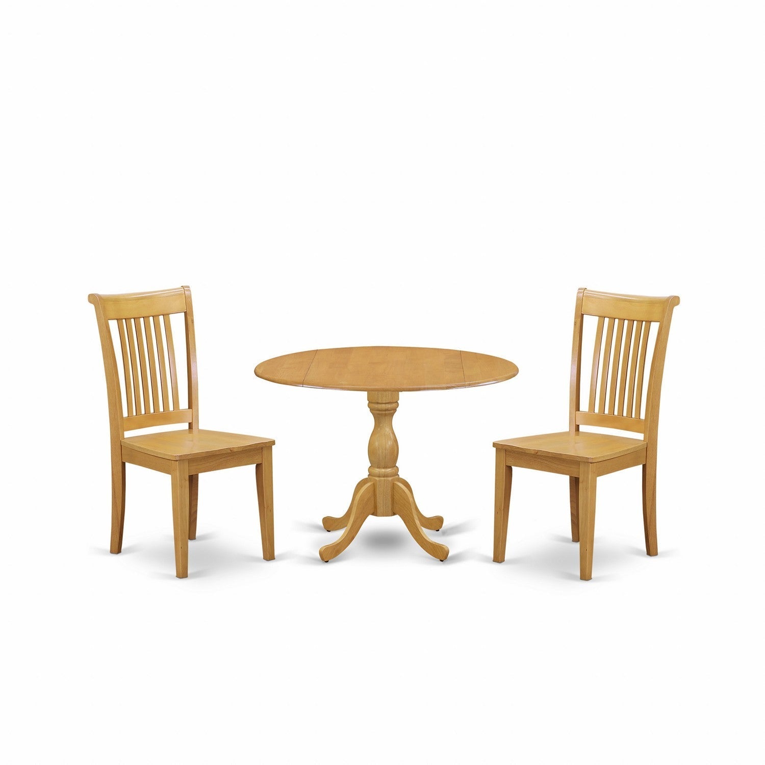 East West Furniture DMPO3-OAK-W 3 Piece Modern Dining Room Table Set - Oak Dining Room Table and 2 Oak Wooden Dining Chairs with Slatted Back - Oak Finish