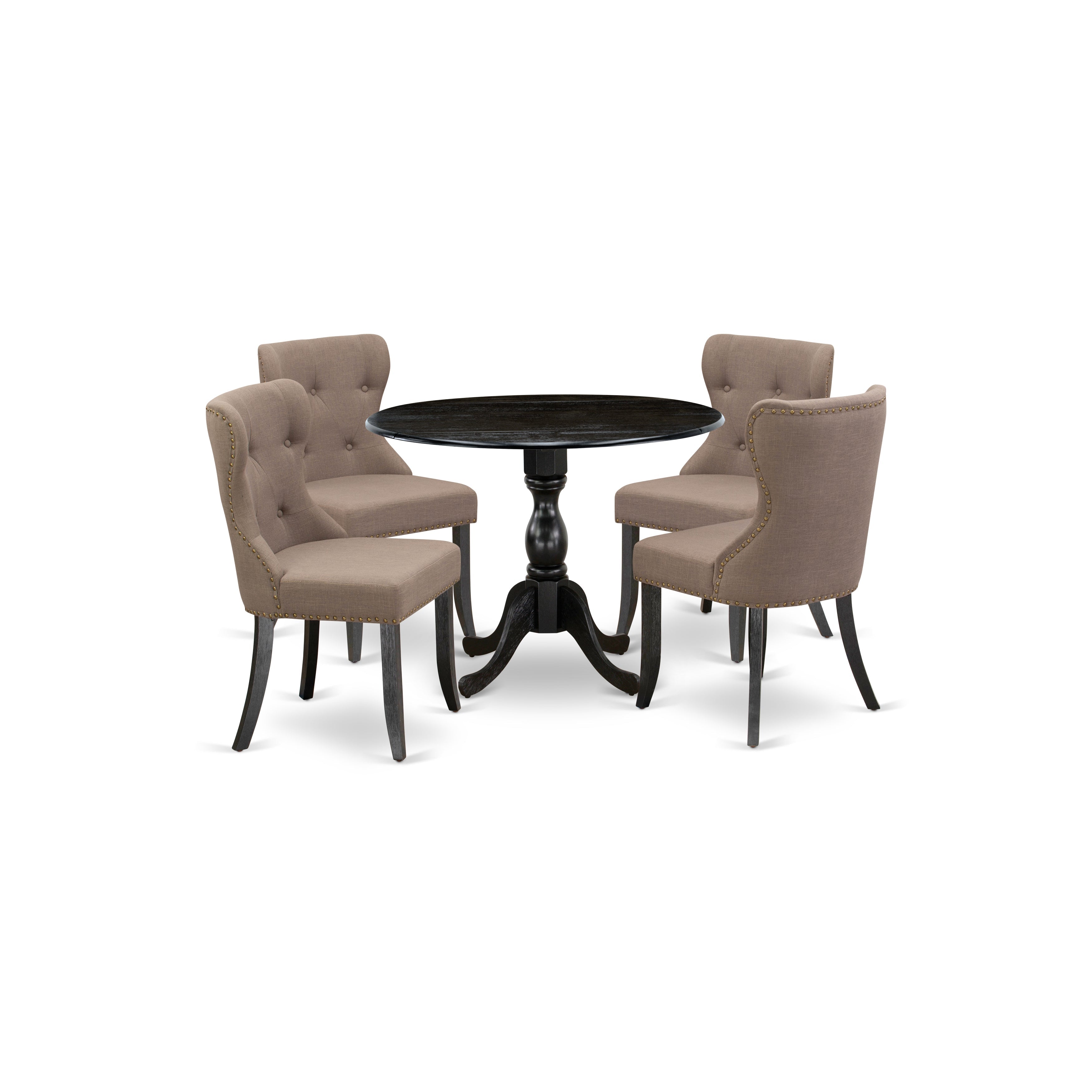East West Furniture DMSI5-ABK-48 5 Piece Kitchen Table Set Contains 1 Drop Leaves Dining Table and 4 Coffee Linen Fabric Dining Chairs Button Tufted Back with Nail Heads - Wire Brushed Black Finish