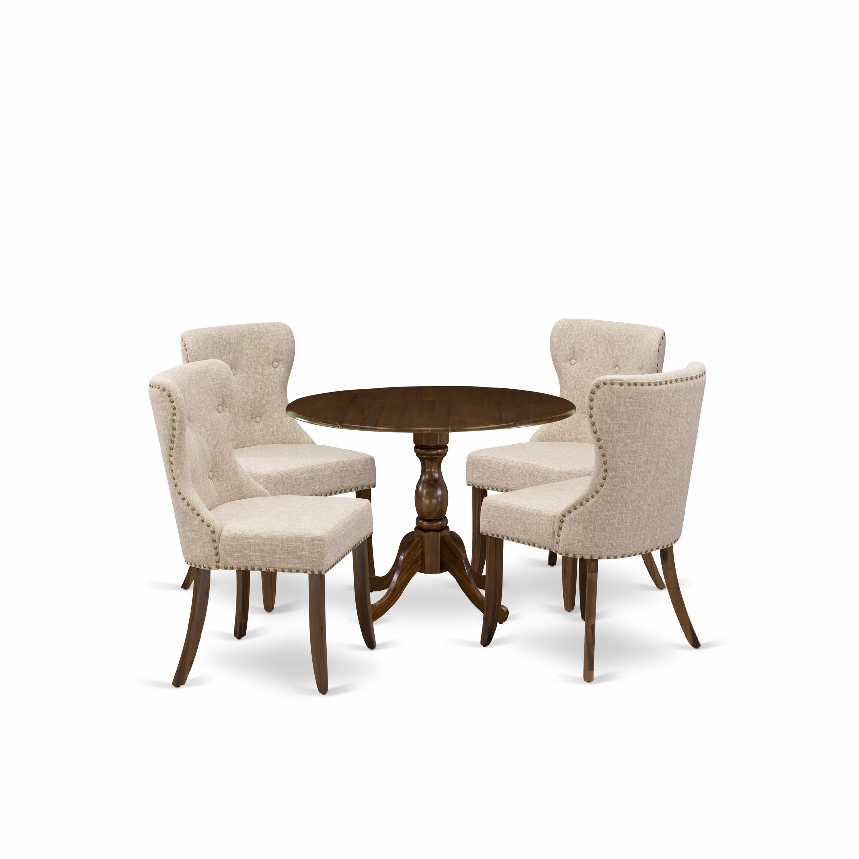 East West Furniture DMSI5-AWA-04 5 Piece Dining Table Set Consists of 1 Drop Leaves Dining Table and 4 Light Tan Linen Fabric Kitchen Chairs Button Tufted Back with Nail Heads - Acacia Walnut Finish