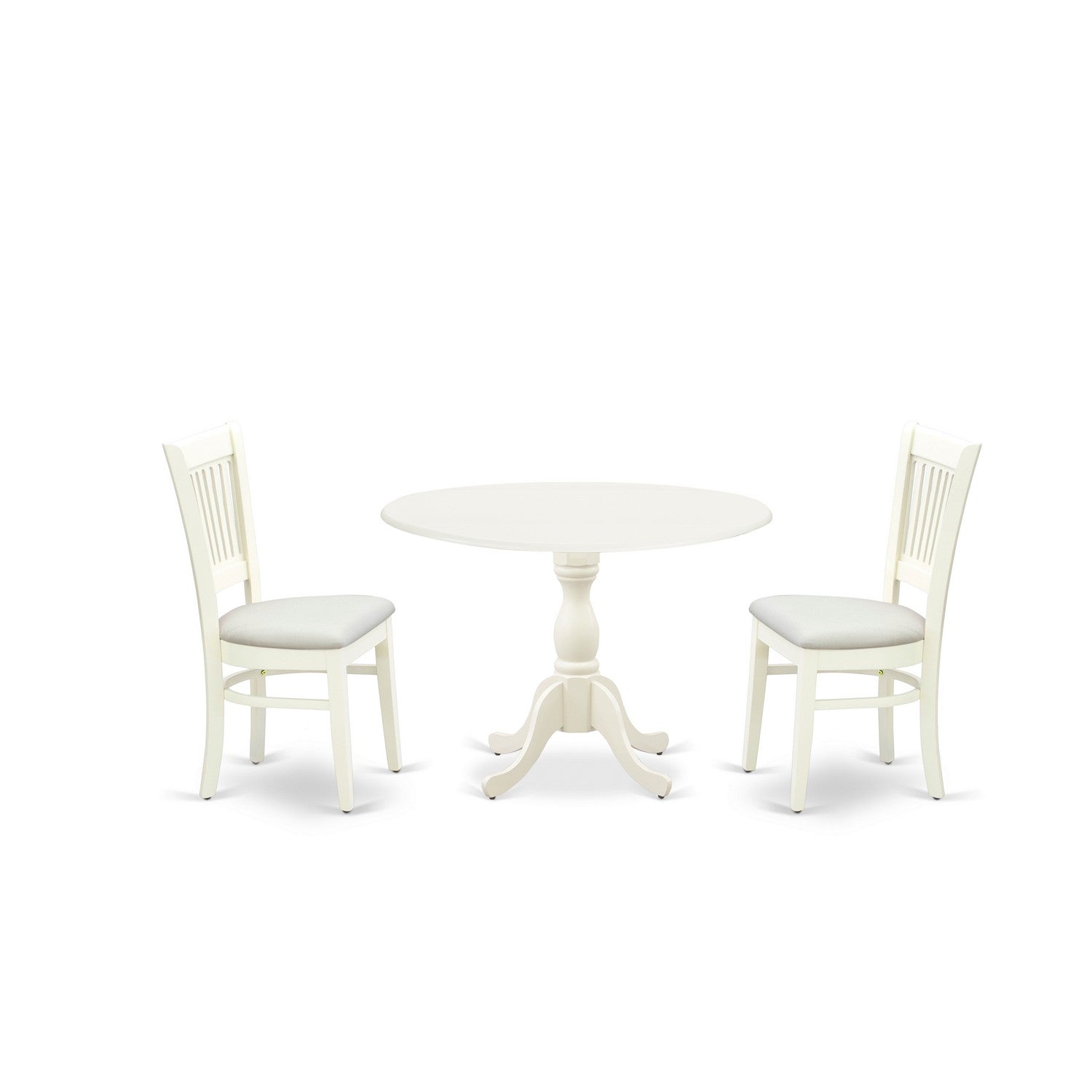 EAST WEST FURNITURE - DMVA3-LWH-C - 3-Piece Modern Dining Table Set- 2 Mid Century Dining Chairs with Linen Fabric Seat and Slatted Chair Back - Dropleaf Dining Table - linen white Finish