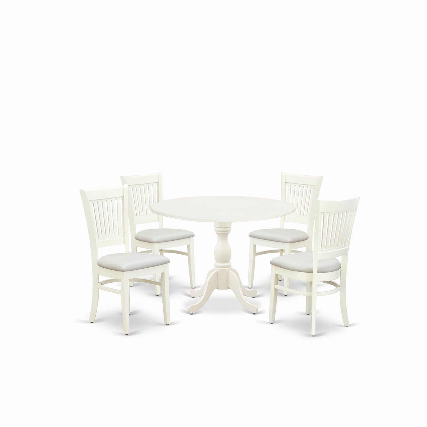 EAST WEST FURNITURE - DMVA5-LWH-C - 5-Piece Dining Room Table Set- 4 Dining Room Chair with Linen Fabric Seat and Slatted Chair Back - Dropleafs Round Table - linen white Finish