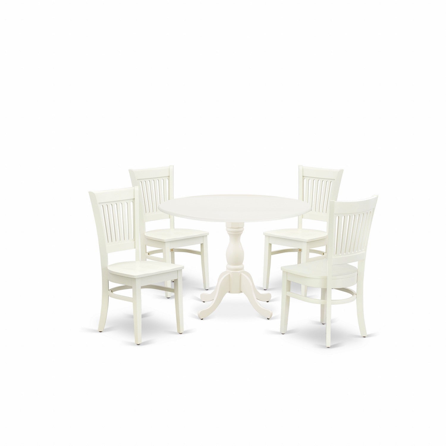 EAST WEST FURNITURE - DMVA5-LWH-W - 5-Pc Kitchen Dining Room Set- 4 Mid Century Chair with Wooden Seat and Slatted Chair Back - Dropleafs Round Table - linen white Finish