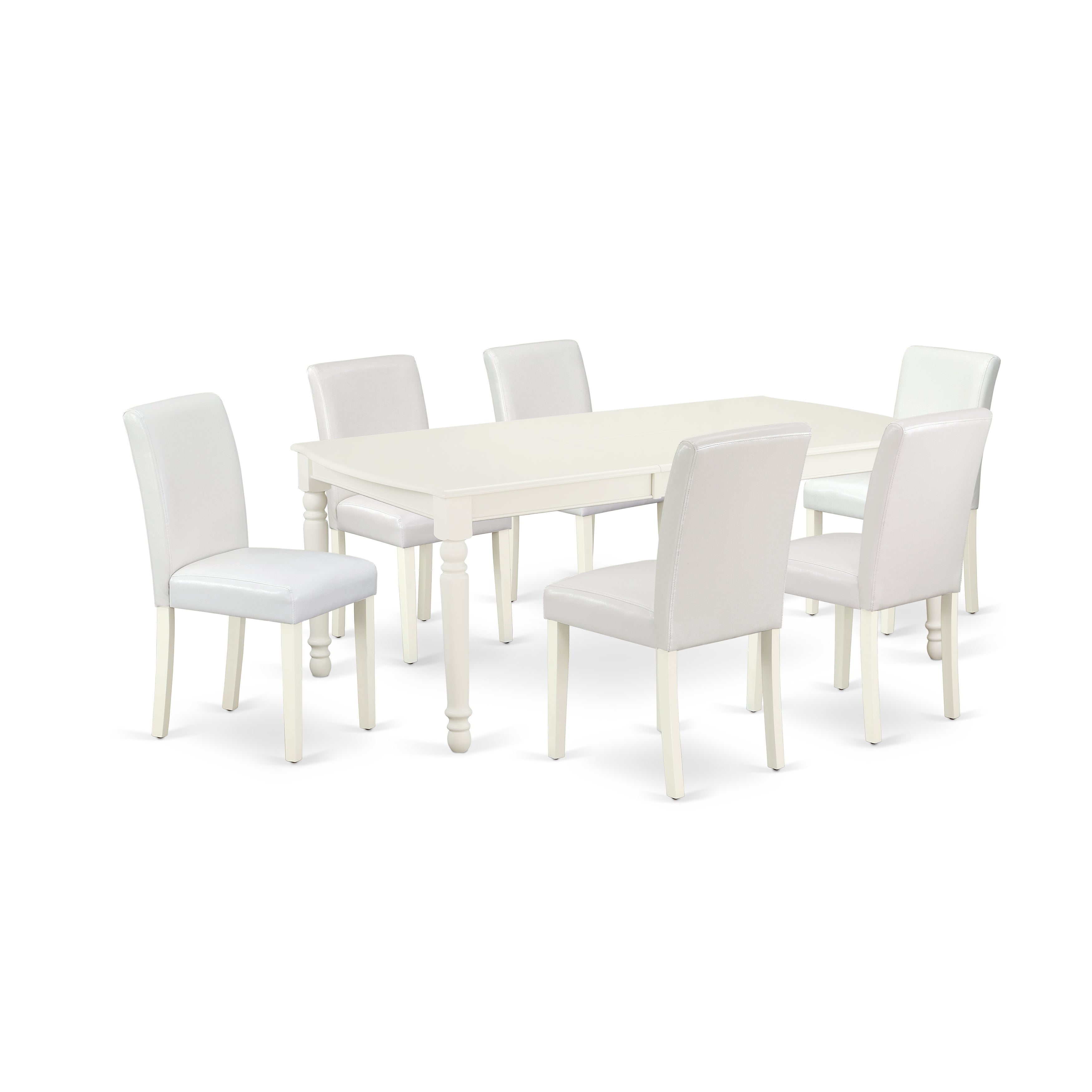 Juego de mesa de comedor moderna de 7 piezas East West Furniture DOAB7-LWH-64. Incluye una mesa rectangular de madera con diseño de hojas de mariposa y 6 sillas Parson de piel sintética blanca.
