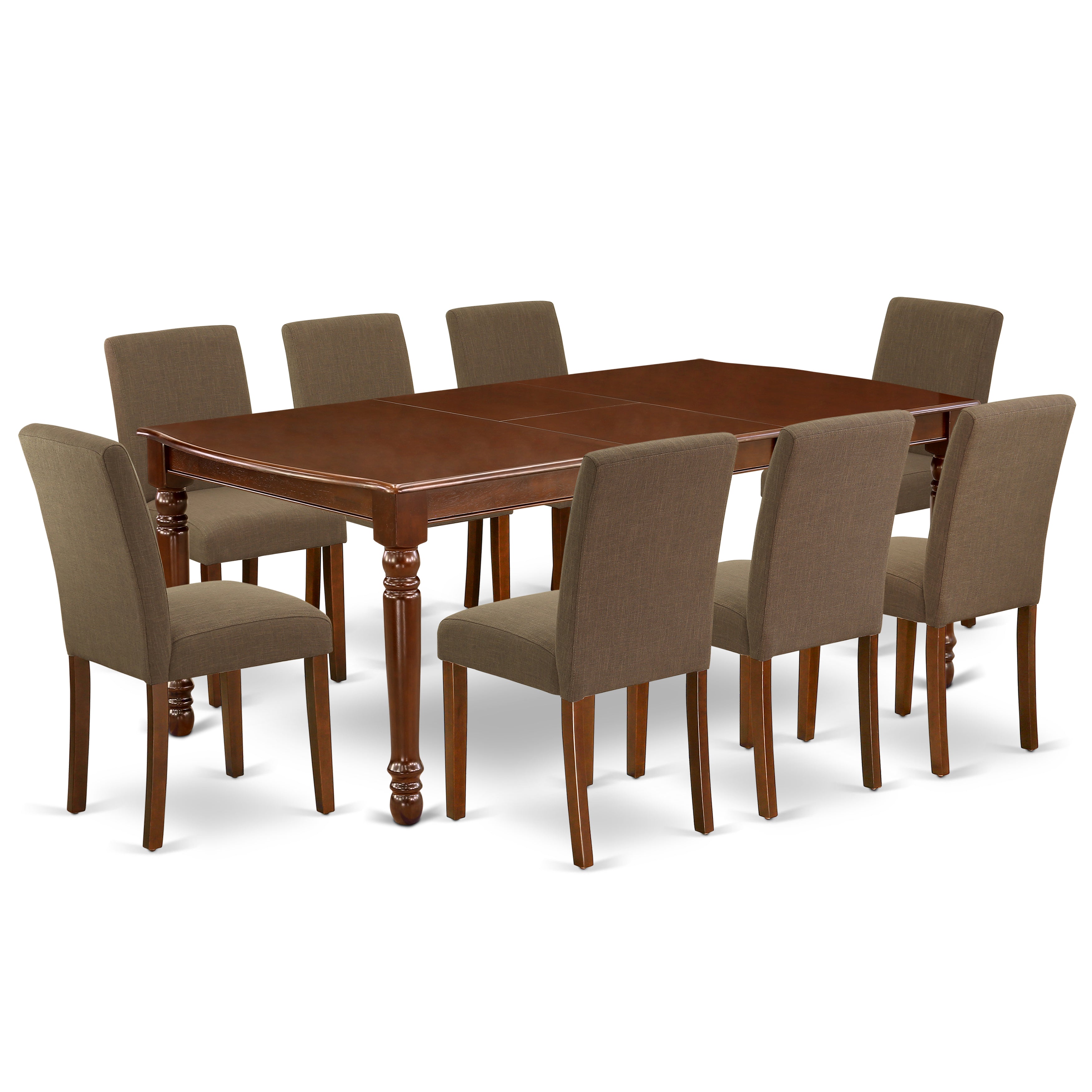 Juego de mesa de comedor East West Furniture DOAB9-MAH-18 de 9 piezas. Incluye una mesa de cocina rectangular con diseño de hojas de mariposa y 8 sillas tapizadas en tela de lino color café.