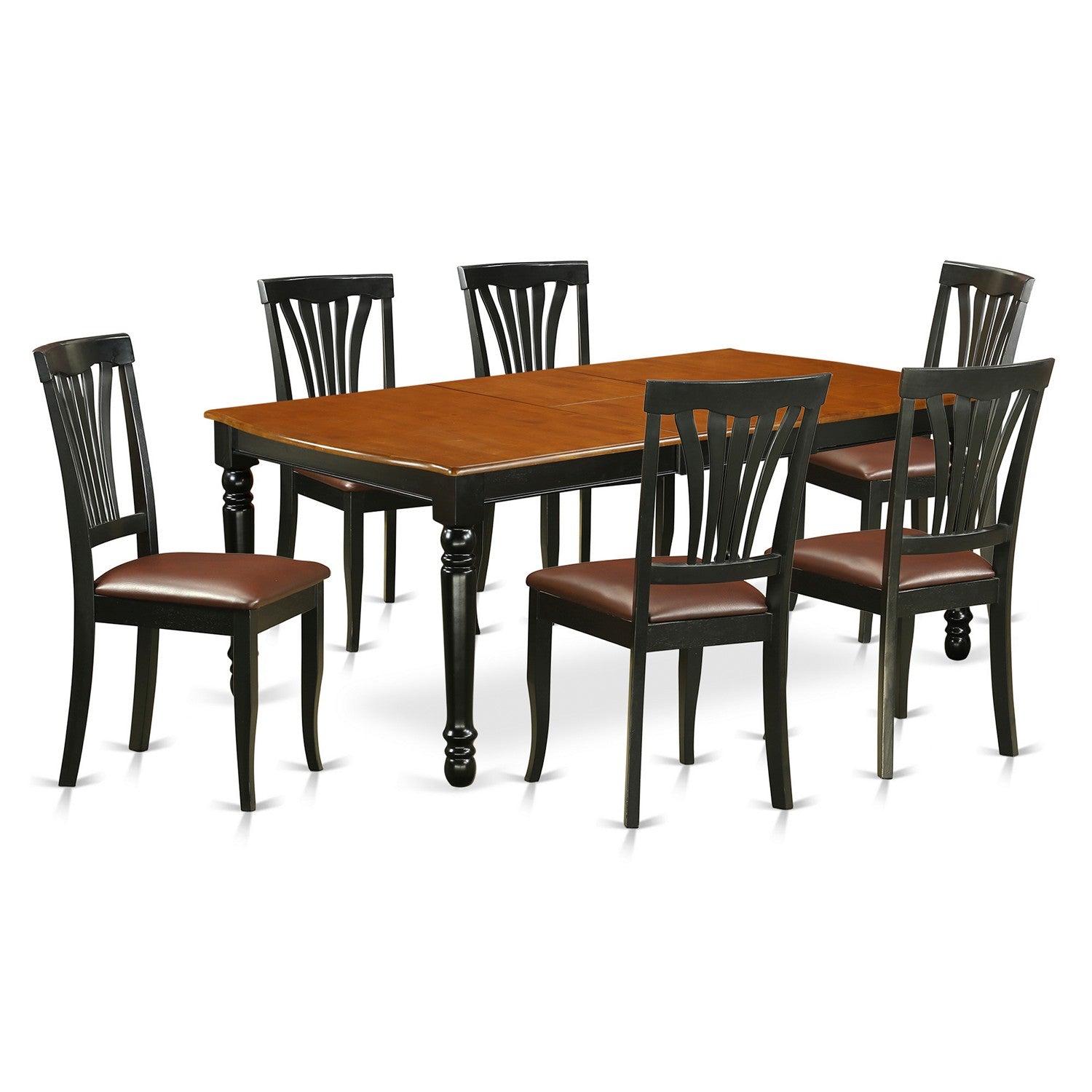 Juego de mesa y sillas de cocina de 7 piezas DOAV7-BCH-LC de East West Furniture. Incluye una mesa de comedor rectangular con diseño de hojas de mariposa y 6 sillas tapizadas en piel sintética.