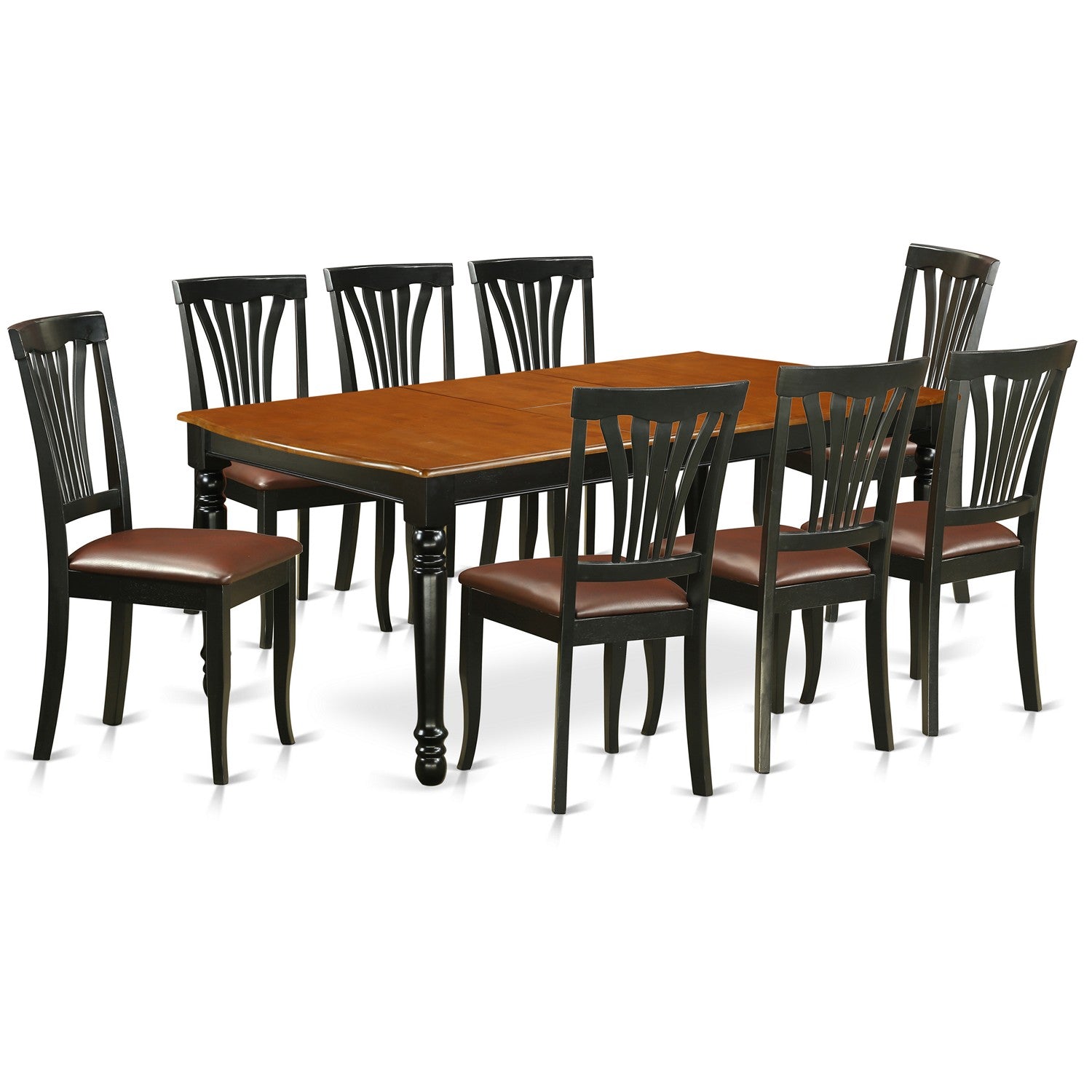 El juego de mesa de comedor East West Furniture DOAV9-BCH-LC de 9 piezas incluye una mesa rectangular de madera con diseño de hojas de mariposa y 8 sillas de comedor de cocina de cuero sintético.