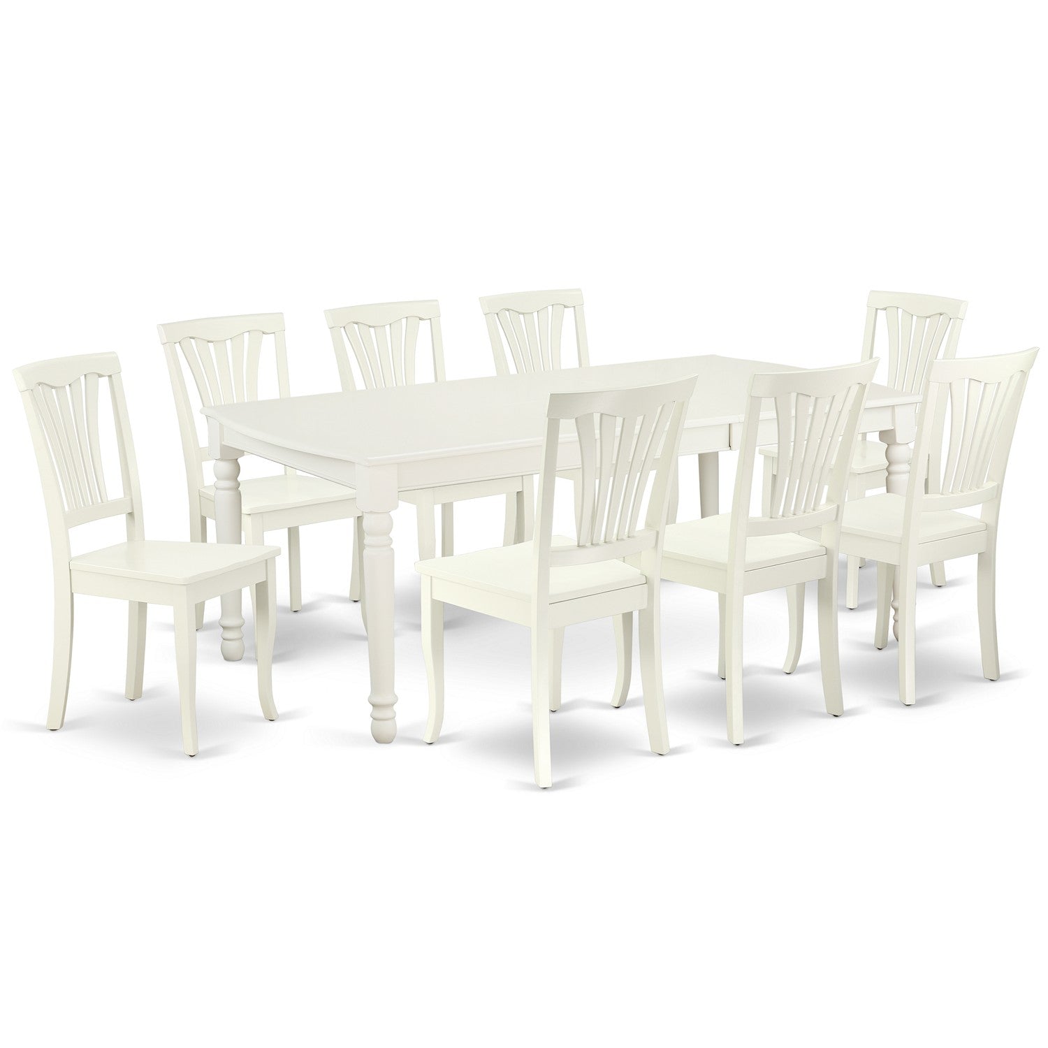 Juego de mesa de comedor moderna de 9 piezas East West Furniture DOAV9-LWH-W. Incluye una mesa rectangular de madera con diseño de hojas de mariposa y 8 sillas de comedor de cocina.