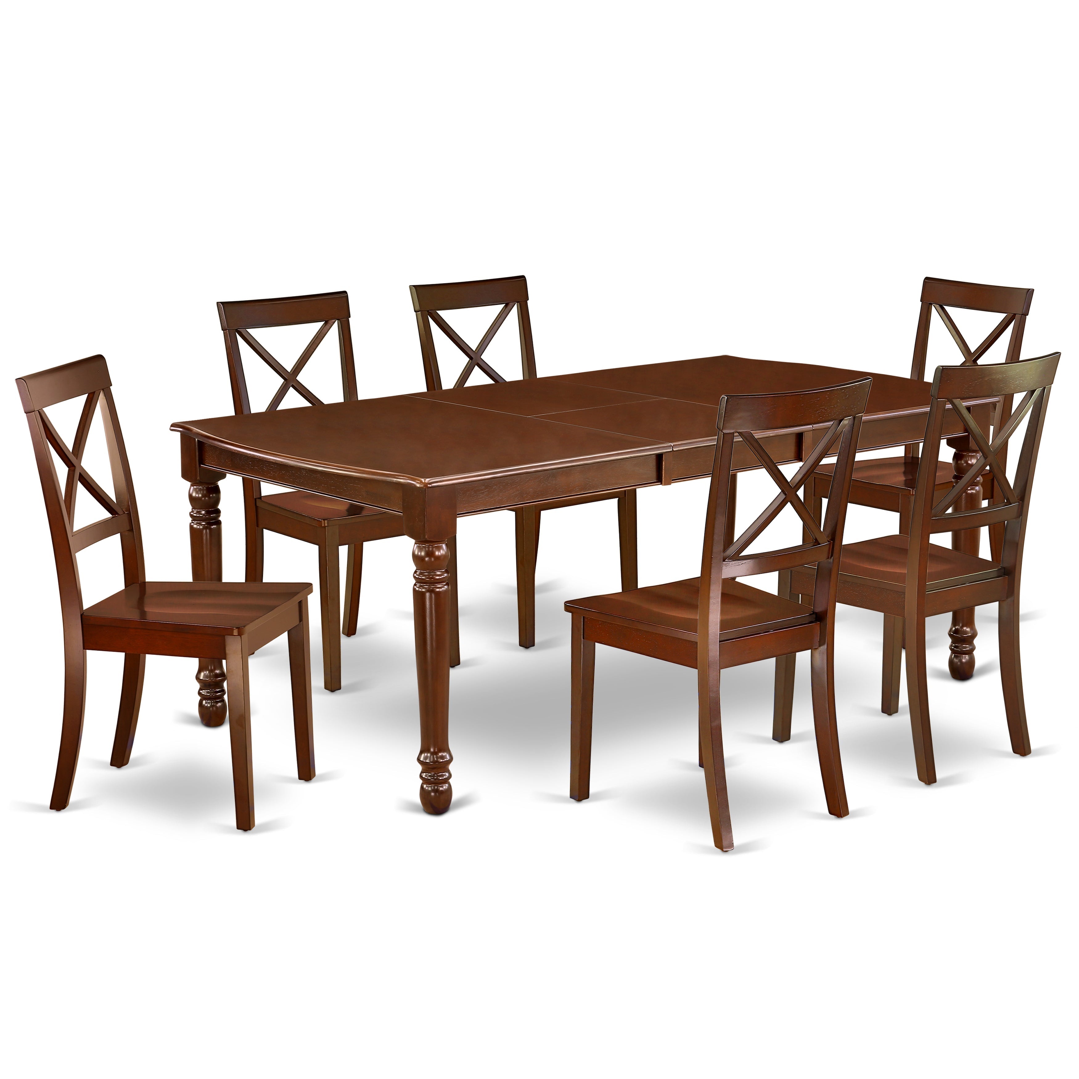 Juego de mesa de comedor de 7 piezas East West Furniture DOBO7-MAH-W compuesto por una mesa de cocina rectangular con diseño de hojas de mariposa y 6 sillas de comedor.
