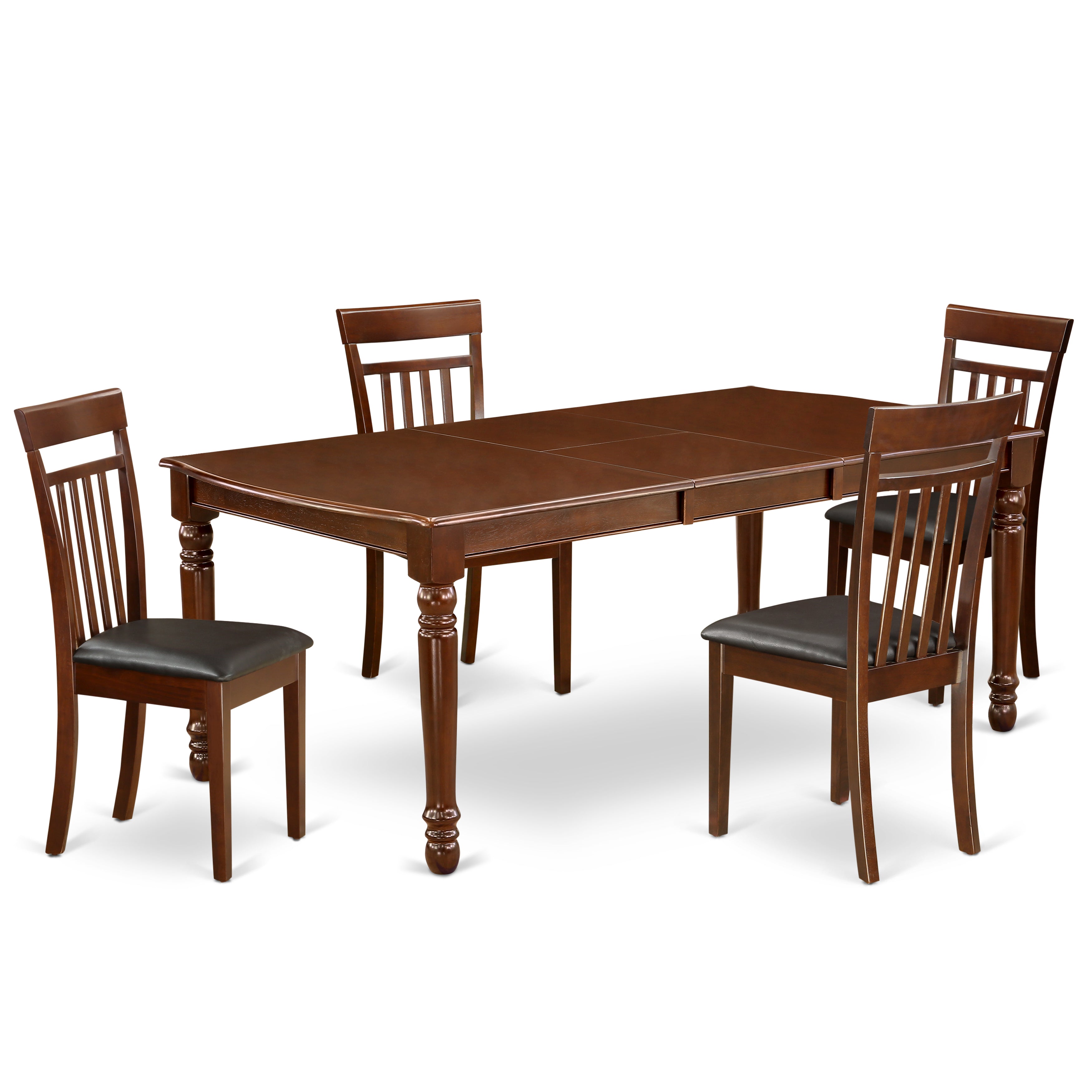El juego de mesa de comedor de 5 piezas East West Furniture DOCA5-MAH-LC incluye una mesa rectangular de madera con diseño de hojas de mariposa y 4 sillas de comedor de cocina de cuero sintético.
