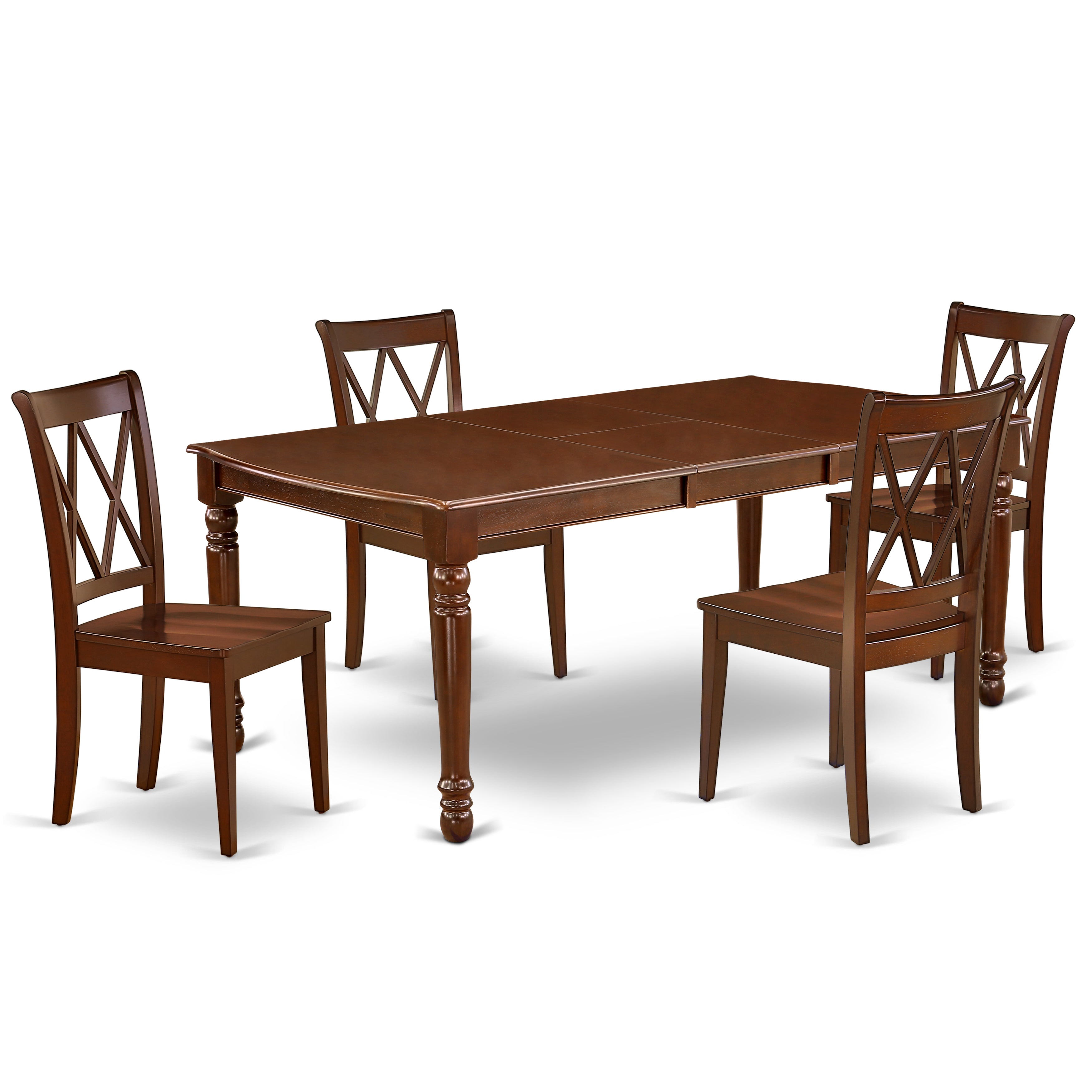 Juego de mesa de comedor moderna de 5 piezas East West Furniture DOCL5-MAH-W. Incluye una mesa rectangular de madera con diseño de hojas de mariposa y 4 sillas de comedor de cocina.