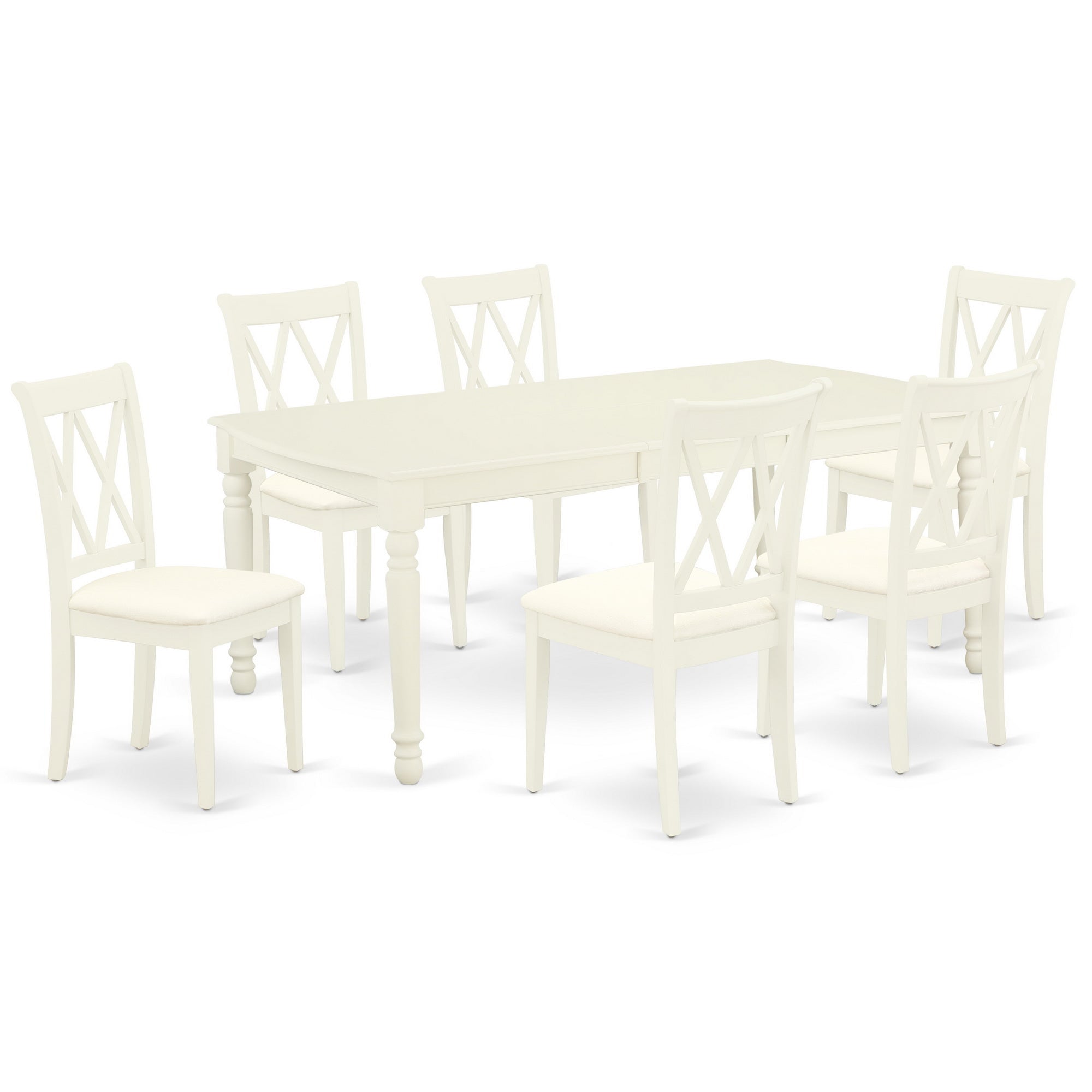 DOCL7-LWH-C 7Pc Dinette Set Includes a Rectangular Kitchen Table with Butterfly Leaf and Six Double X Back Linen seat Dining Chairs, Linen White Finish