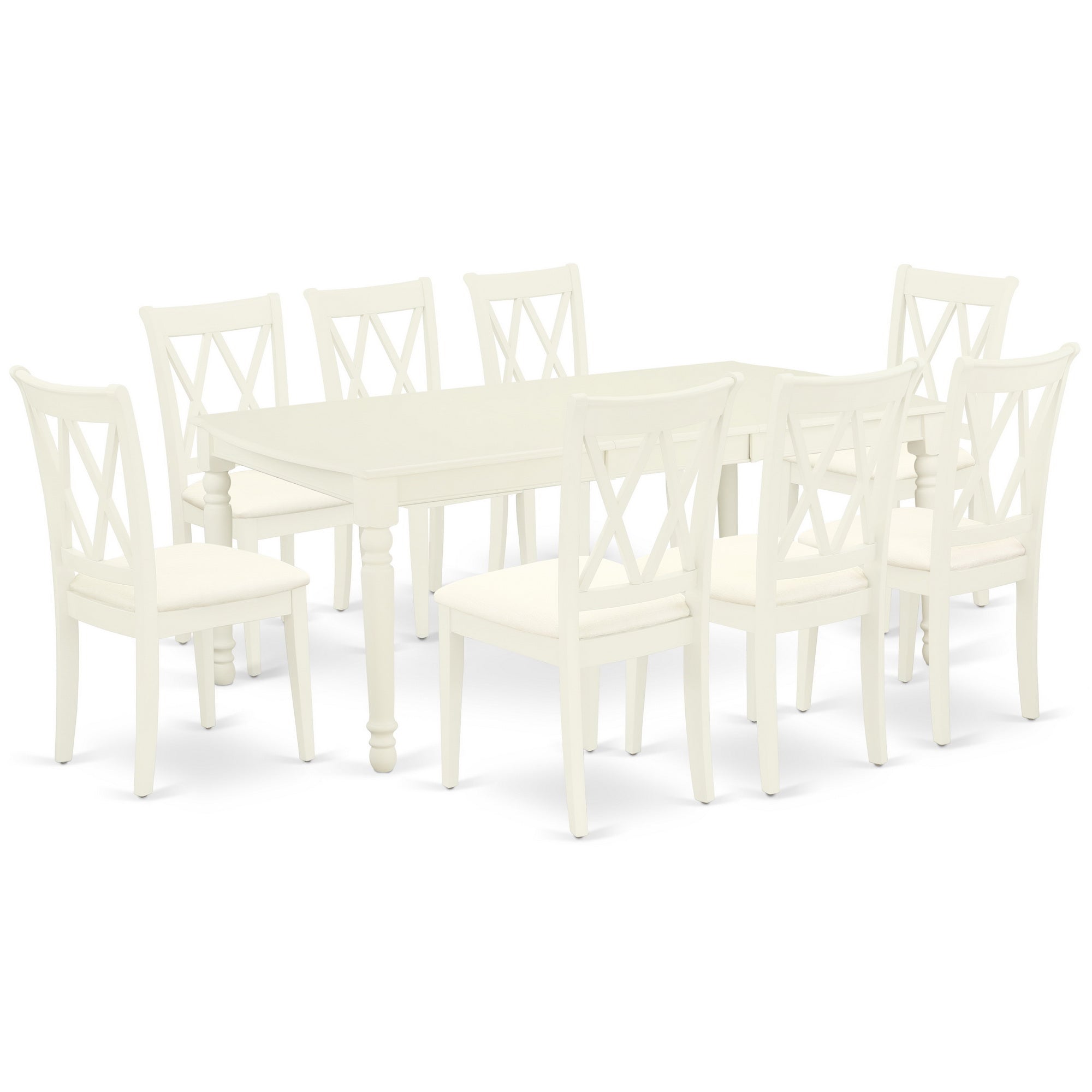 DOCL9-LWH-C 9Pc Dining Set Includes a Rectangle Dinette Table with Butterfly Leaf and Eight Double X Back Linen seat Kitchen Chairs, Linen White Finish