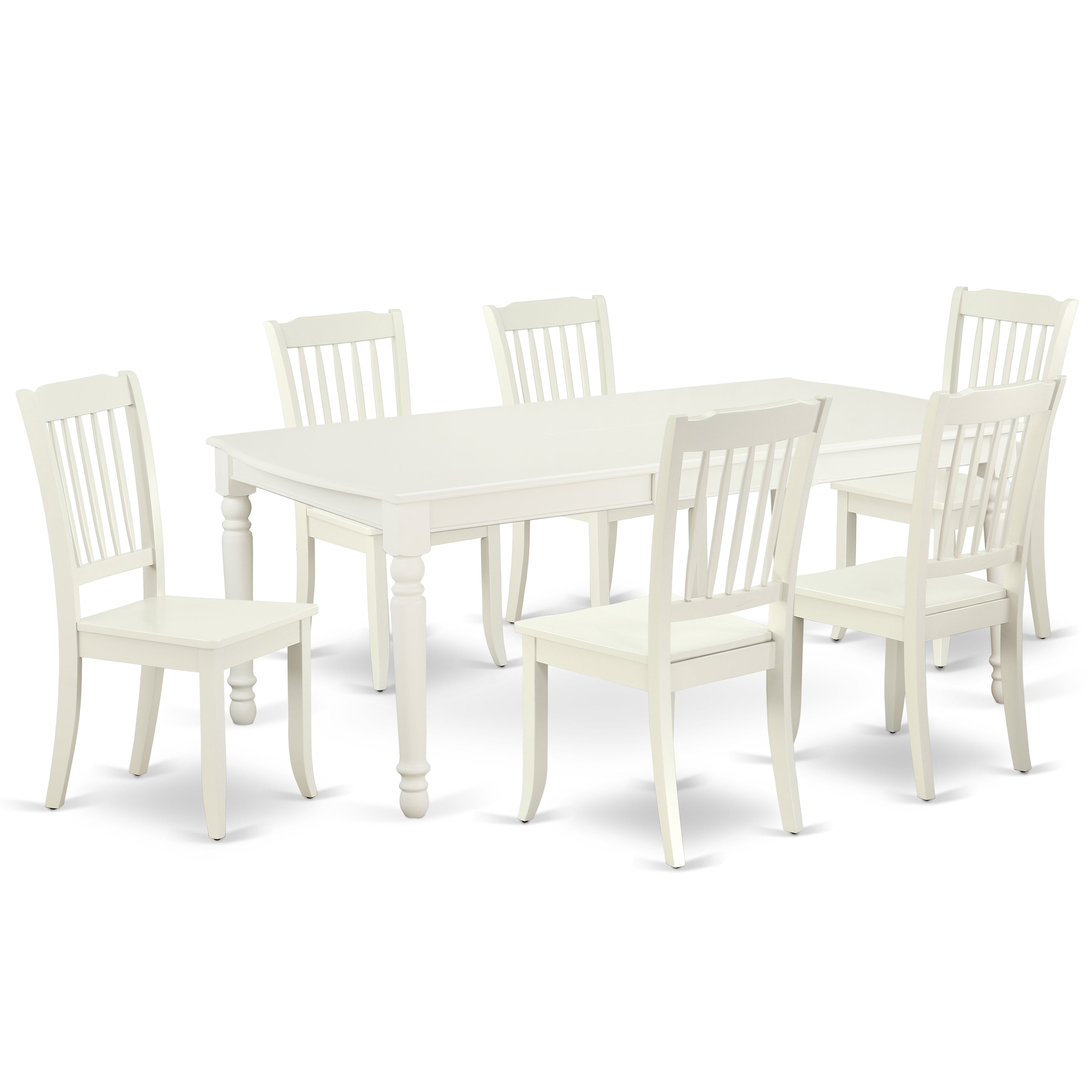 DODA7-LWH-W 7PC Rectangular 60/78 inch Table with 18 In Leaf and 6 vertical slatted Chairs
