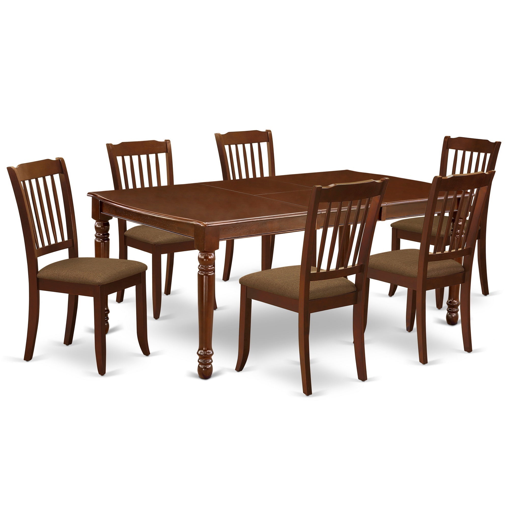 DODA7-MAH-C 7Pc Dinette Set Includes a Rectangular Kitchen Table with Butterfly Leaf and Six Vertical Slatted Linen seat Dining Chairs, Mahogany Finish