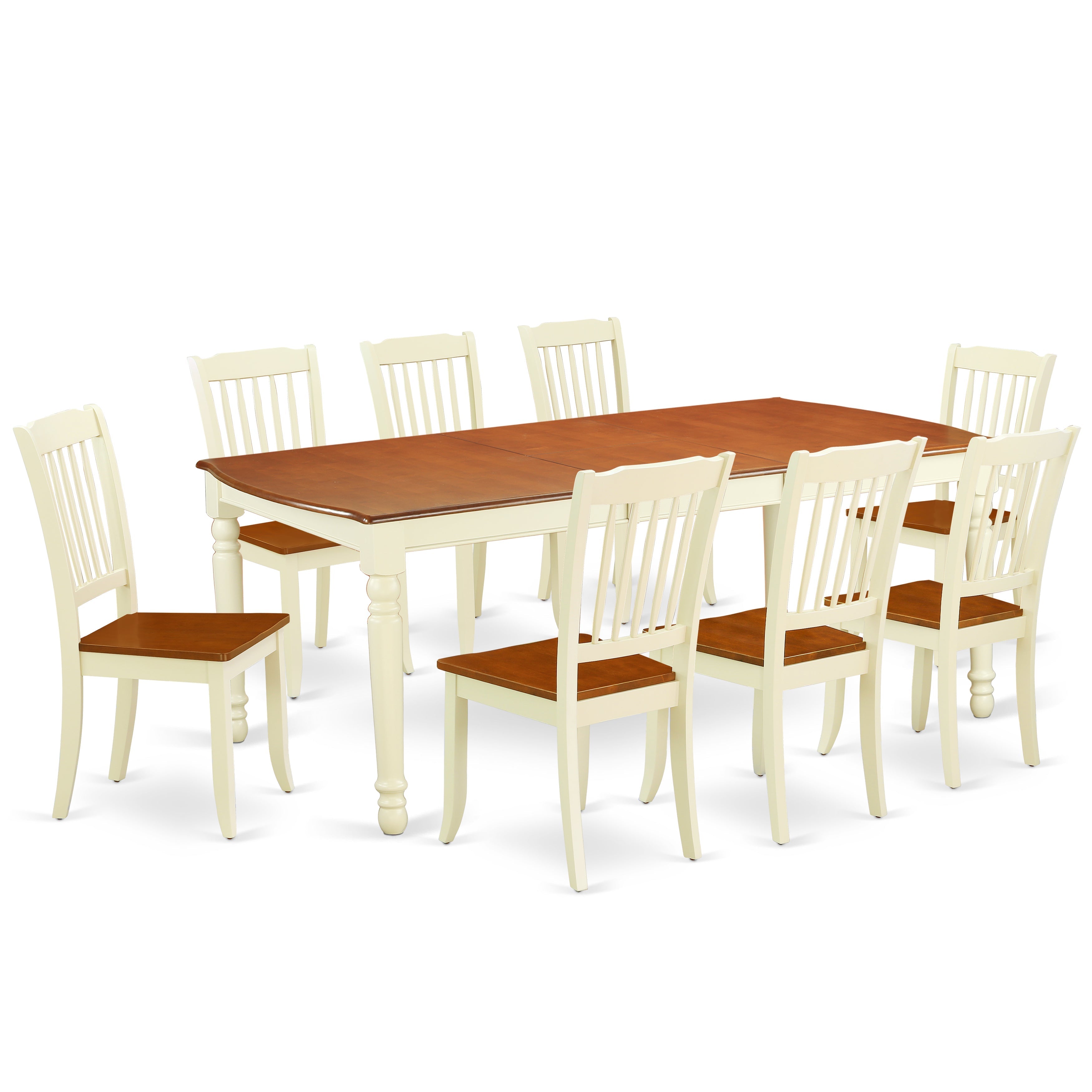 El juego de mesa de comedor East West Furniture DODA9-BMK-W de 9 piezas incluye una mesa rectangular de madera con diseño de hojas de mariposa y 8 sillas de comedor de cocina.