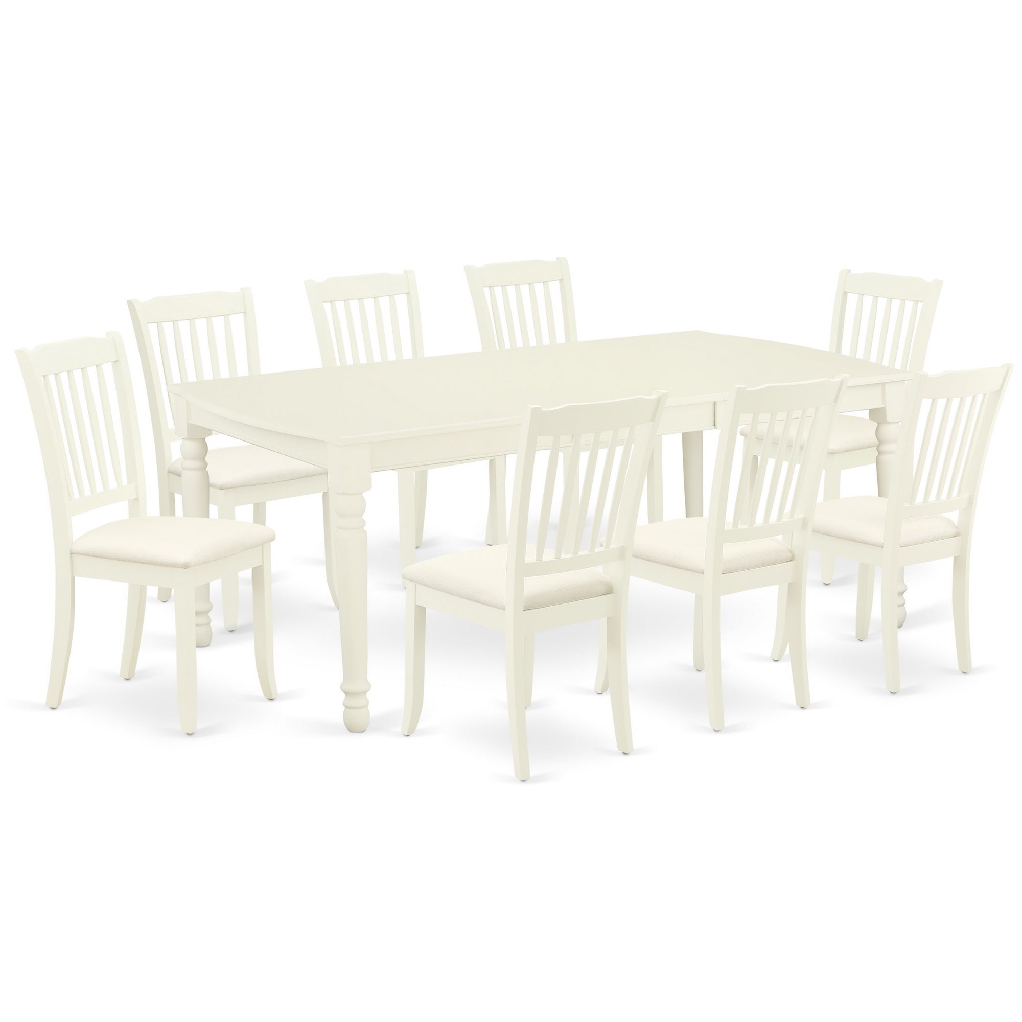 DODA9-LWH-C 9Pc Dining Set Includes a Rectangle Dinette Table with Butterfly Leaf and Eight Vertical Slatted Linen seat Kitchen Chairs, Linen White Finish