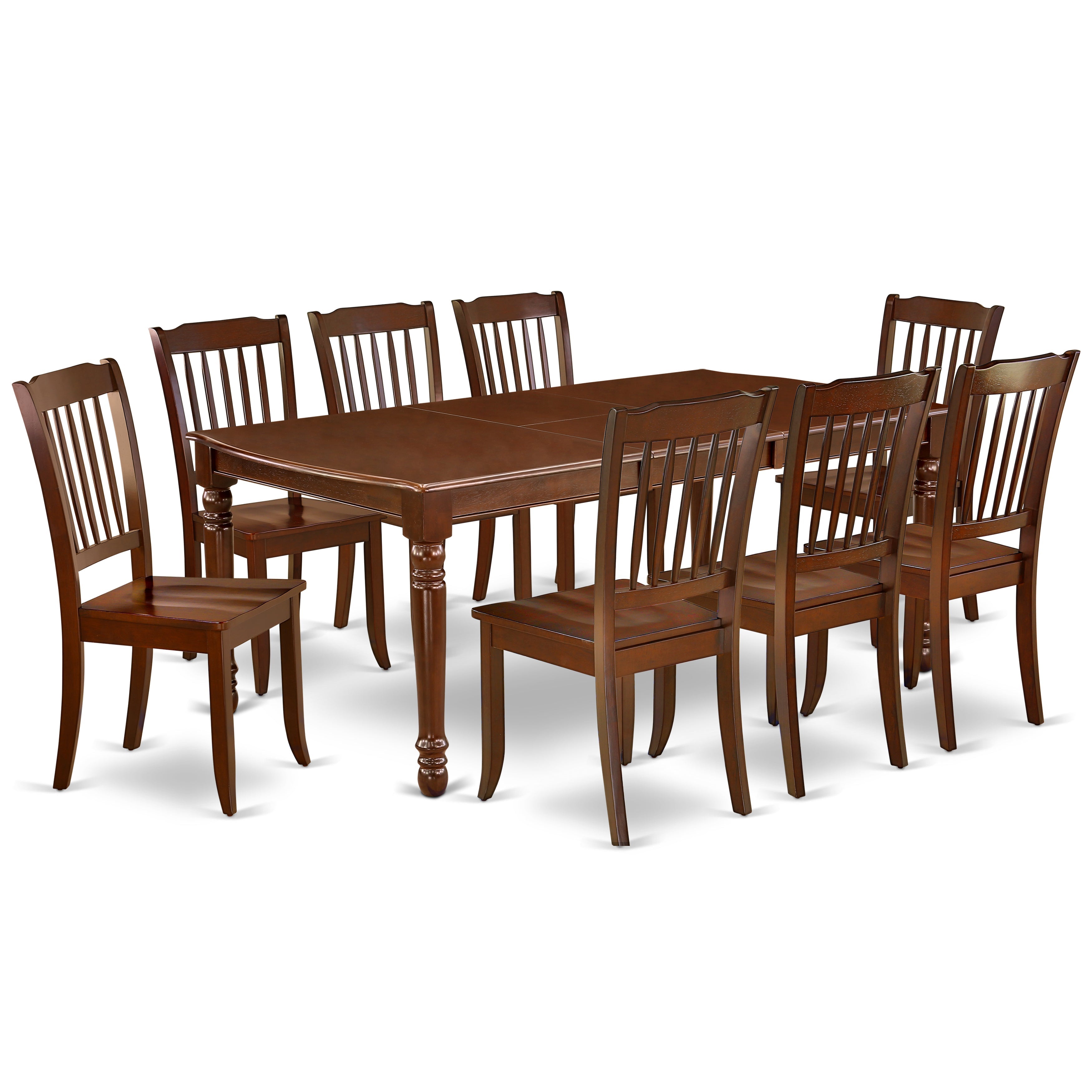 El juego de mesa de comedor East West Furniture DODA9-MAH-W de 9 piezas incluye una mesa de comedor rectangular con hojas de mariposa y 8 sillas con asiento de madera.
