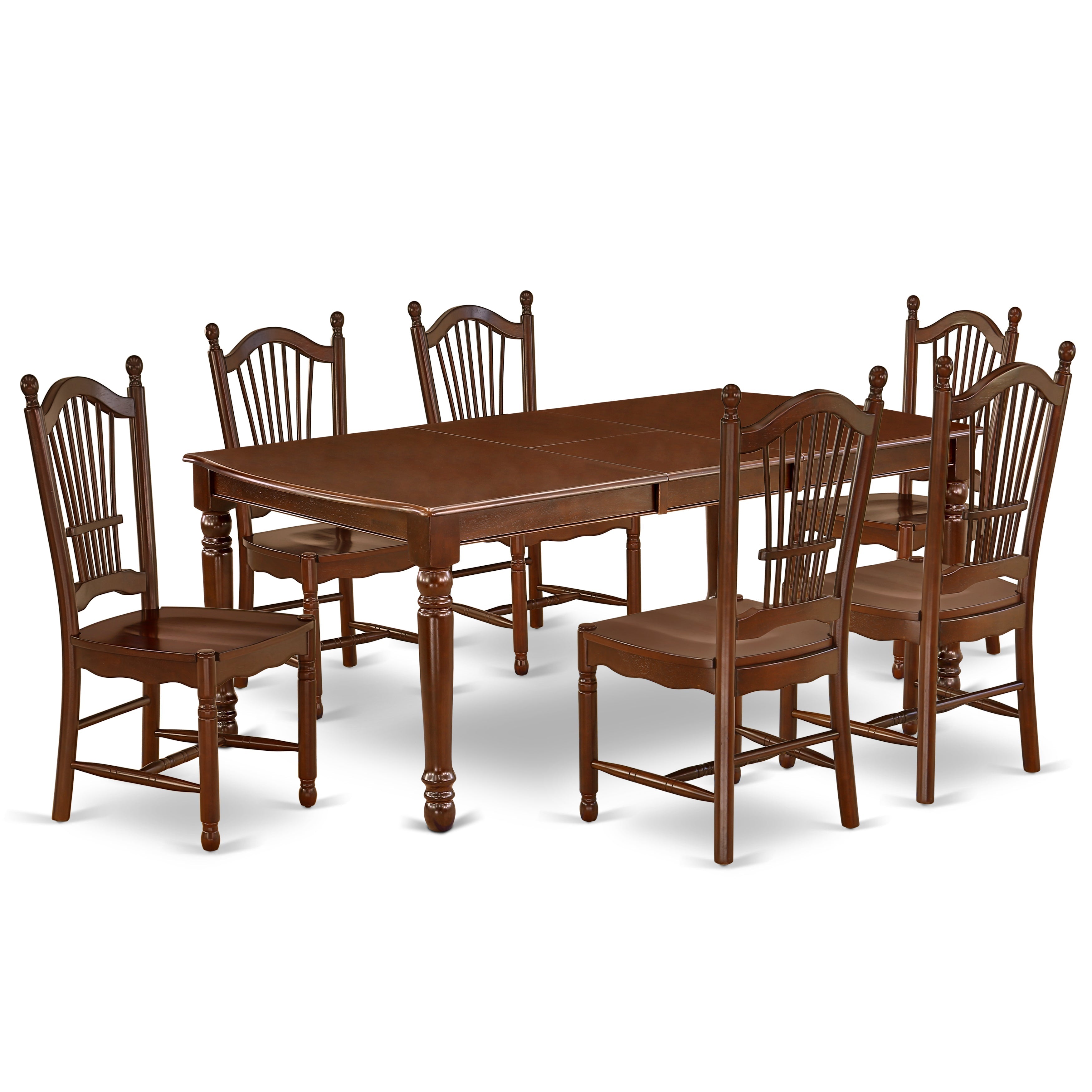 Juego de mesa de comedor moderna de 7 piezas East West Furniture DODO7-MAH-W compuesto por una mesa rectangular de madera con diseño de hojas de mariposa y 6 sillas de comedor.