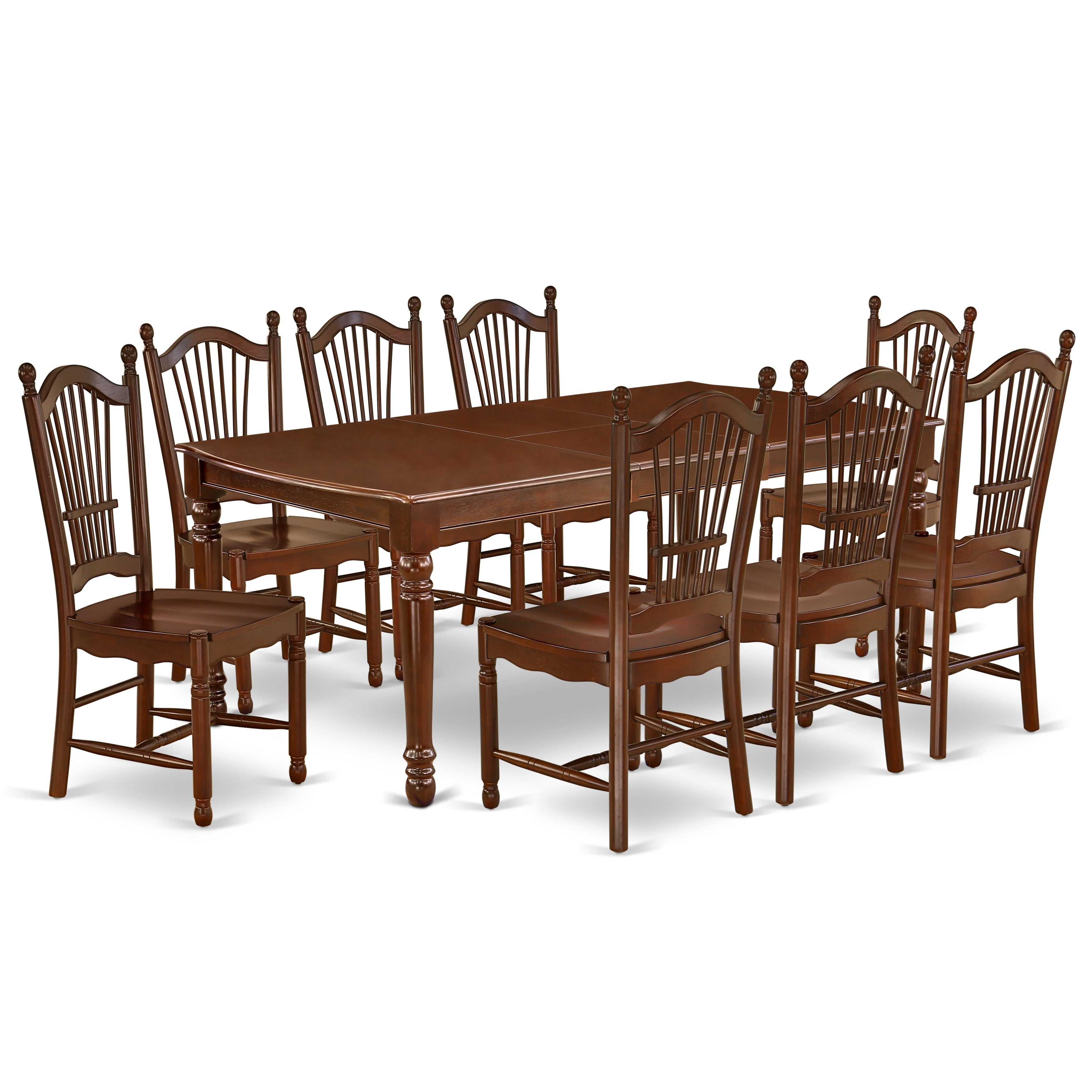 Juego de comedor East West Furniture DODO9-MAH-W de 9 piezas. Incluye una mesa de comedor rectangular con diseño de hojas de mariposa y 8 sillas de cocina.