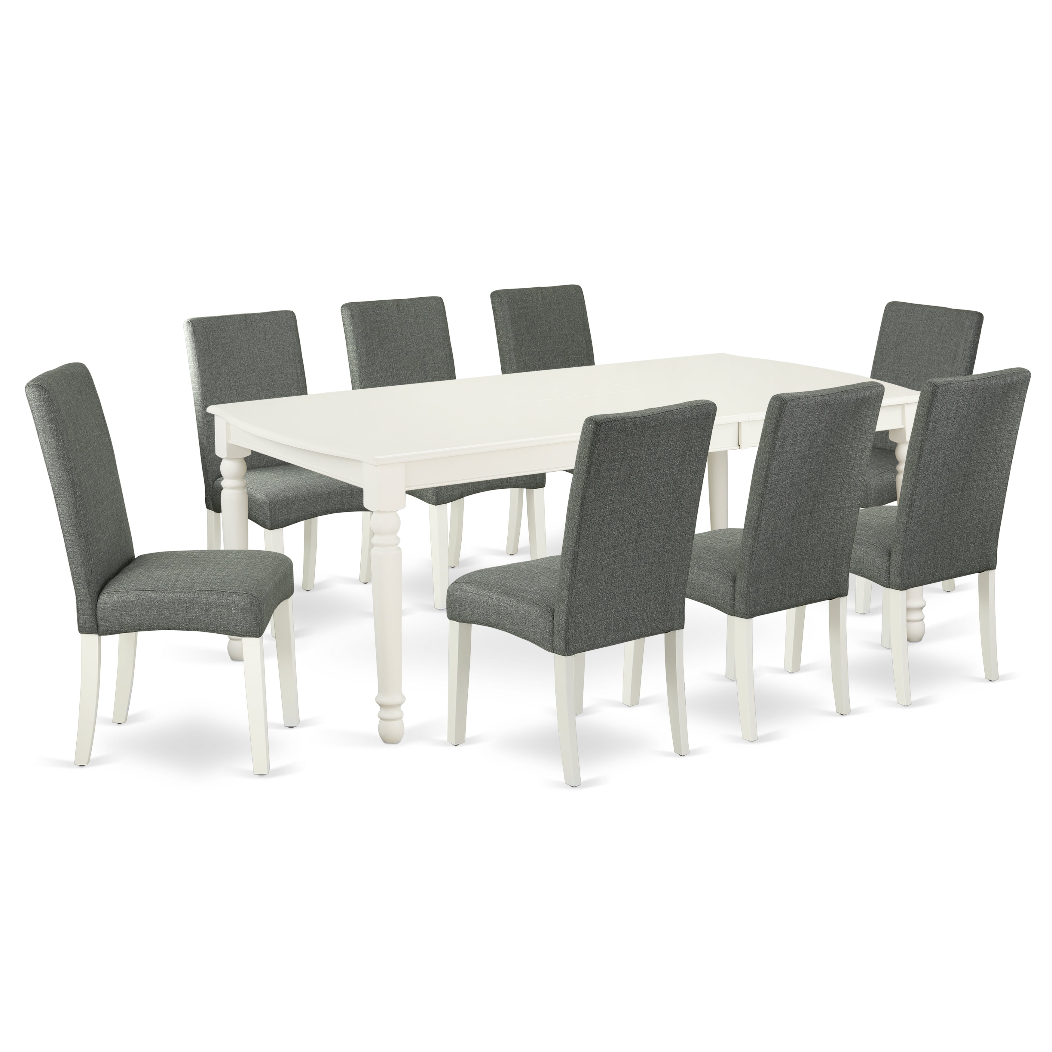 Juego de mesa de comedor East West Furniture DODR9-LWH-07 de 9 piezas. Incluye una mesa rectangular de madera con diseño de hojas de mariposa y 8 sillas tapizadas en tela de lino gris.