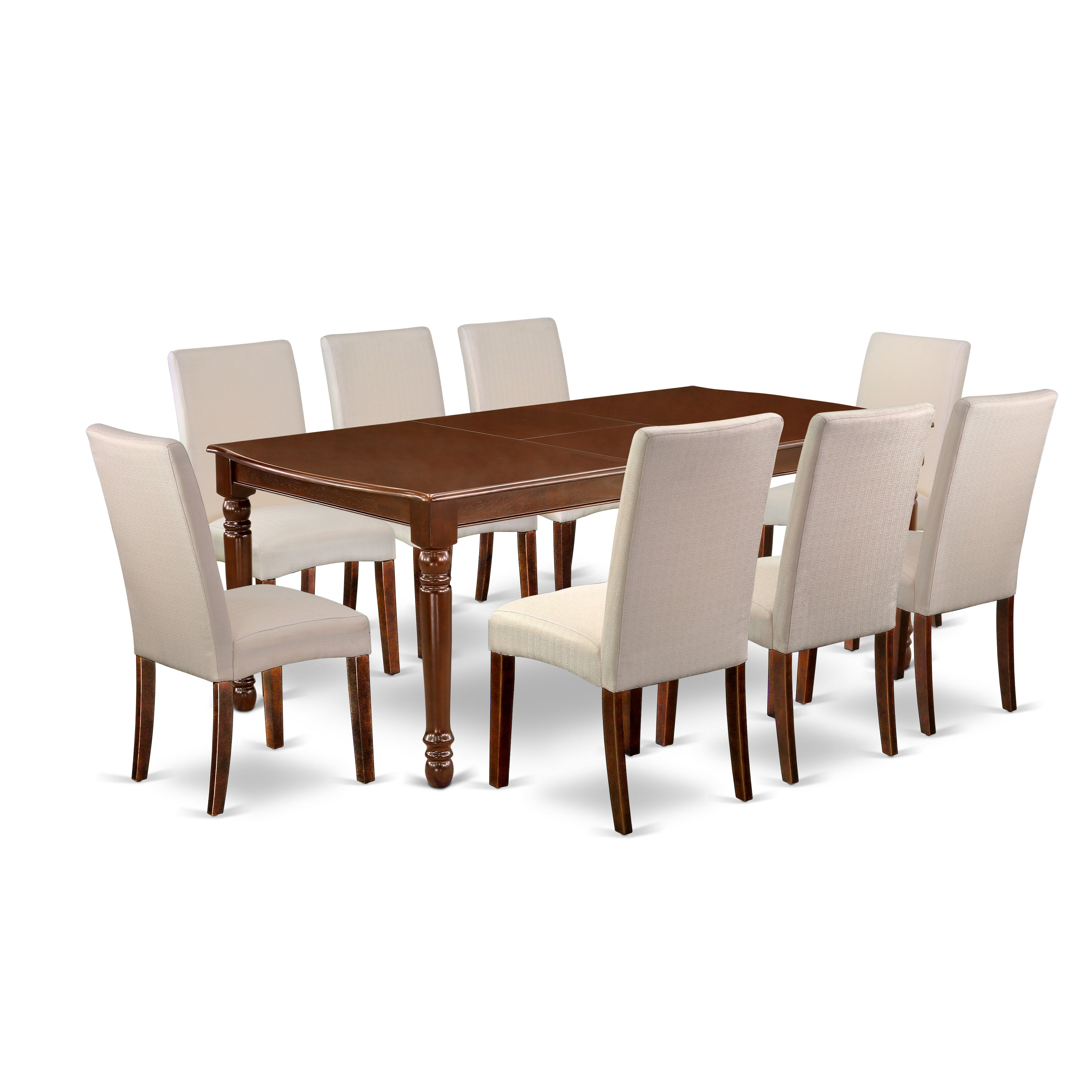 Juego de comedor East West Furniture DODR9-MAH-01 de 9 piezas. Incluye una mesa de comedor rectangular con diseño de hojas de mariposa y 8 sillas Parson tapizadas en tela de lino color crema.