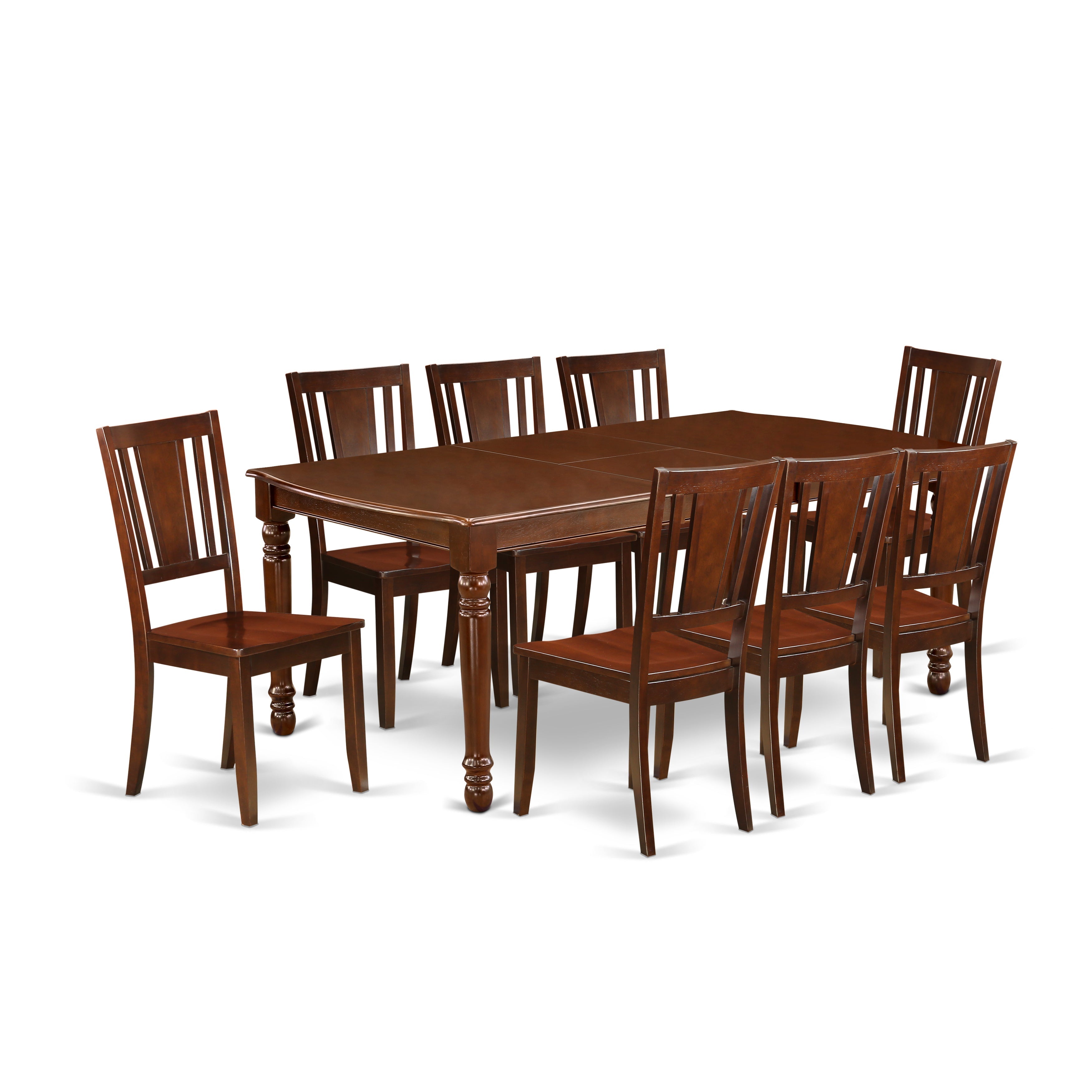 DODU9-MAH-W 9Pc Rectangle 60/78" Dinner Table With 18 In Leaf And Eight Wood Seat Chairs